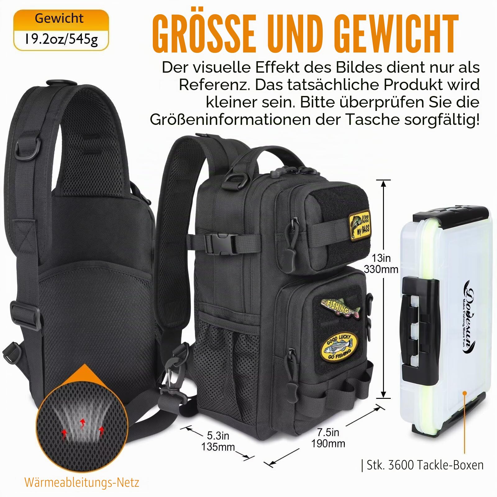 Dovesun Angelrucksack mit 3600 Tackle-Angelbox 1stk, DIY-Logos Angeltasche Angelrucksack zum Organisieren Aufbewahren von Angelzubehör Angeltasche Angeln Wandern Jagd