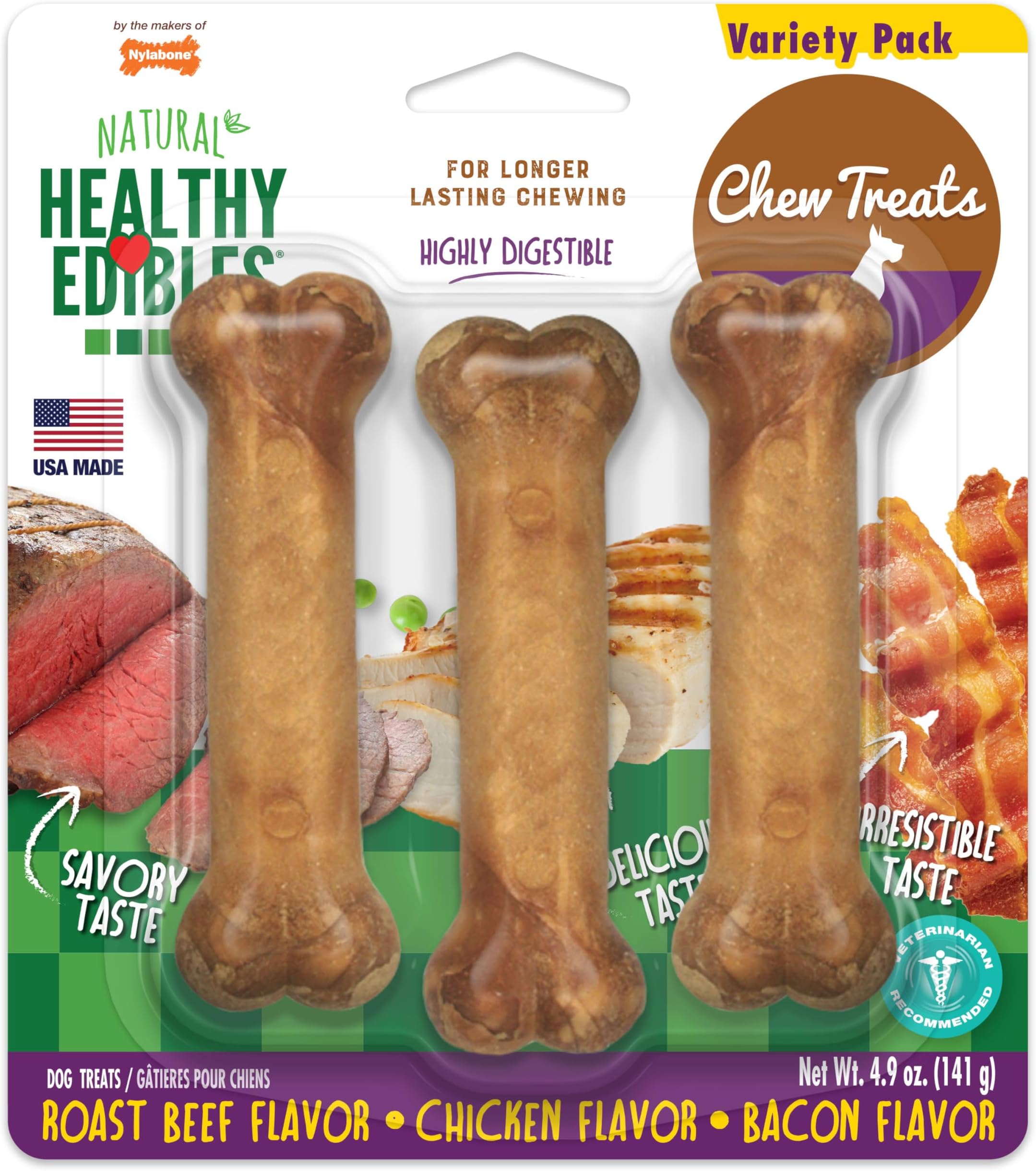 Healthy Edibles Natural Dog Chews, Long Lasting Bones for Dogs, Roast Beef, Chicken & Bacon Flavor Dog Treats, Small (3 Count)