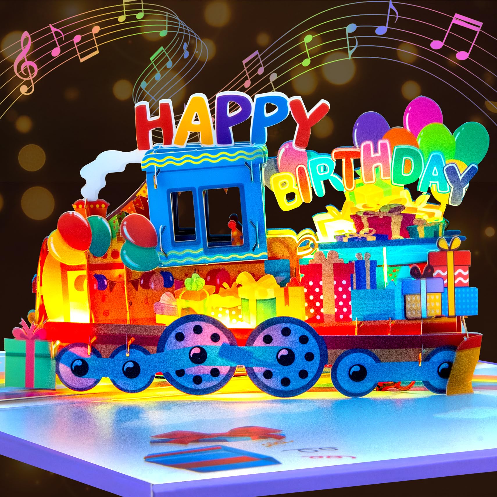 GREETING ART Geburtstagskarte mit Zug,Pop-Up Geburtstagskarte mit Musik & Licht, Musikalische 3D Geschenkkarte mit Happy Birthday Song für Frauen, Männer und Kinder