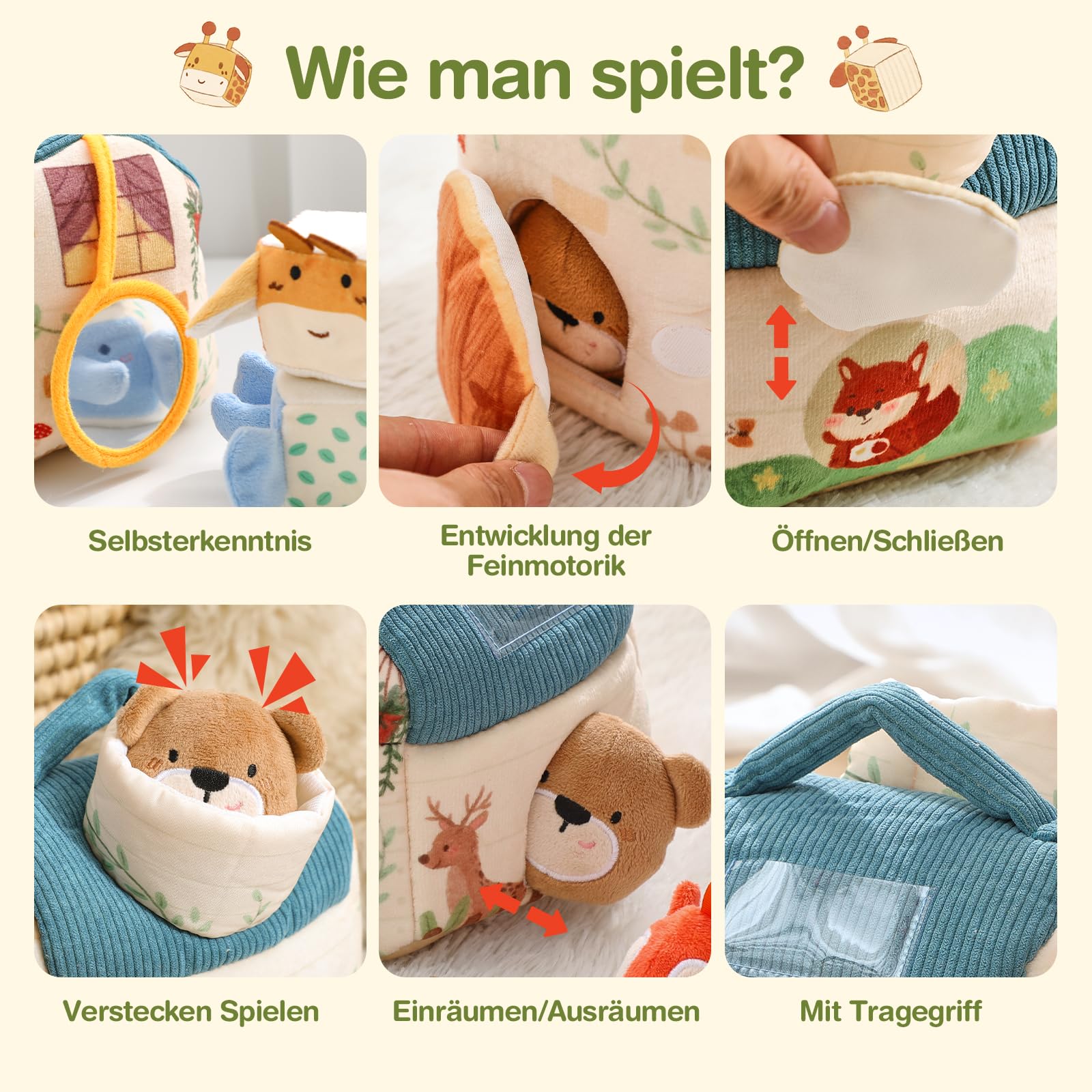 Giocattoli per Bambini 4 6 12 18 Mesi, Giocattolo Montessori Casa Fattoria Sensoriale con 5 Animali, Giocattolo Motorio, Sonagli, Giochi Educativi con Effetti Fruscianti Regalo per Ragazzi e Ragazze