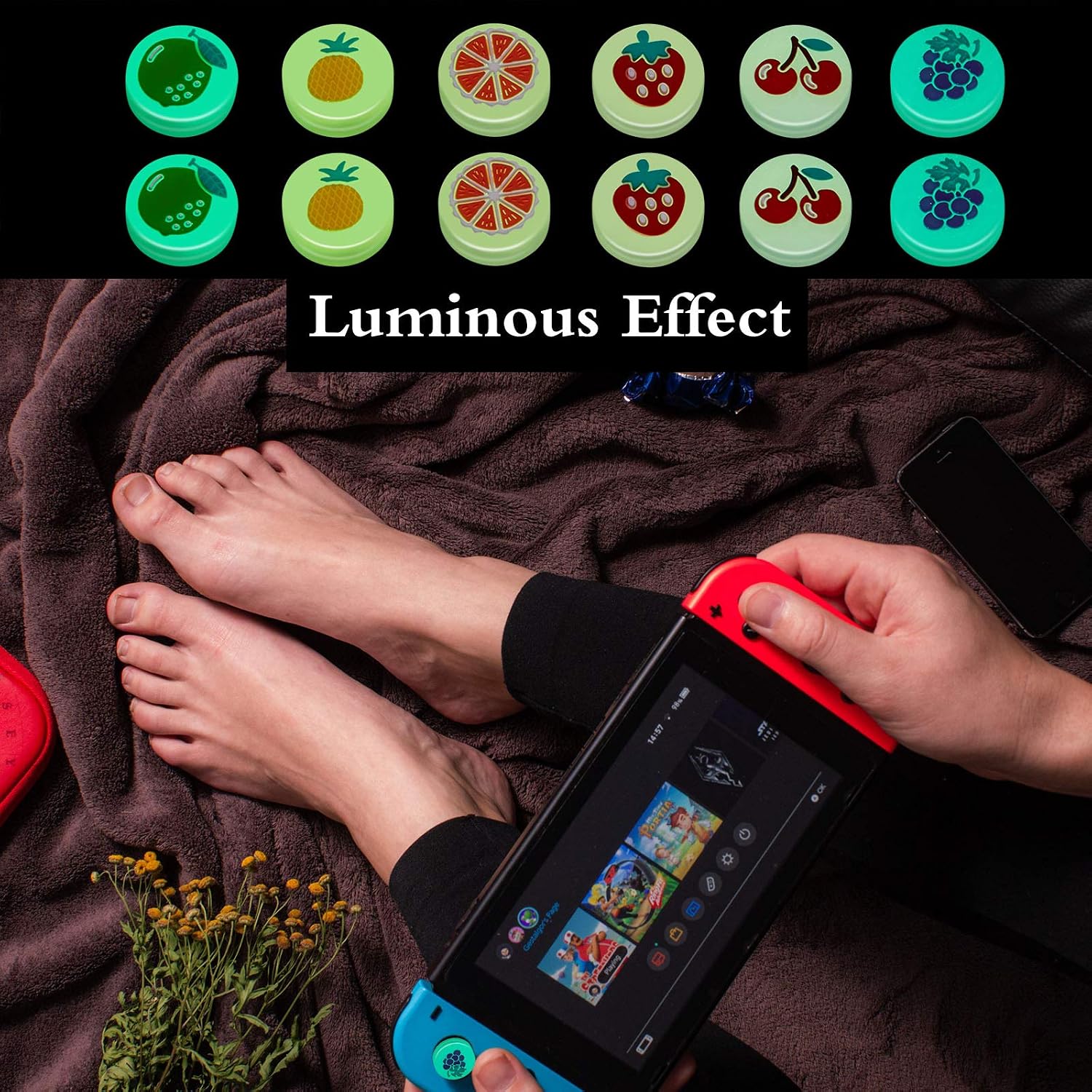 Skylety 36 Pieces Soft Silicone Thumb Grip Replacement Cute Cat Paw Flower Fruit Design Thumb Cover Analog Stick Cover Luminous at Dark Joystick Compatible with Switch, Switch Lite Joy-Con