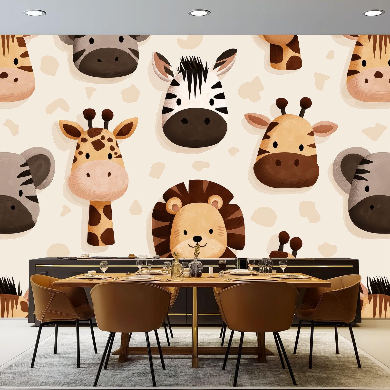 Fototapeta 3D Kreskówka Zwierzęta Żyrafy Lwy Wzór - Brązowy Pomarańczowy Nowoczesna Dekoracyjna Tapeta Ścienna Fototapeta 400 x 280 cm Wystrój Domu