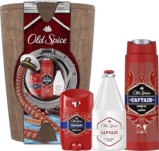 Old Spice Wooden Barrel Gift Set For Men With Captain Deodorant Stick, Shower Gel And Aftershave Lotion