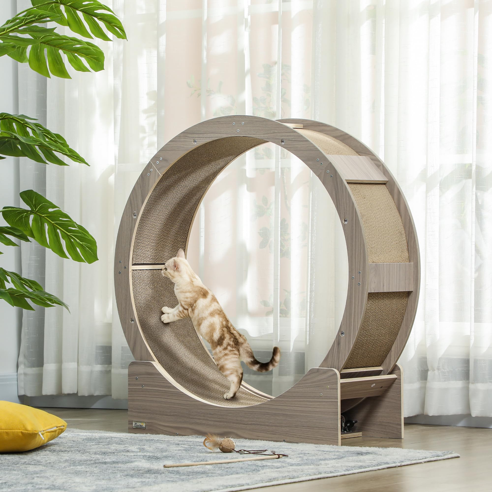 PawHut Rueda para gatos de 91 cm de diámetro, rueda de gato con freno, tabla de rascar, cinta de correr para pérdida de peso y salud, nogal