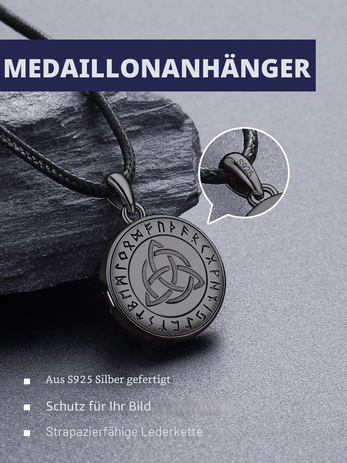Bandmax Damen Herren Medaillon zum öffnen für Bilder Halskette 925 Sterling Silber Fotokette mit Anhänger Lederkette mit Bilder Rund Kettenanhänger Amulett Souvenir Schmuck für Frauen Mutter Freundin