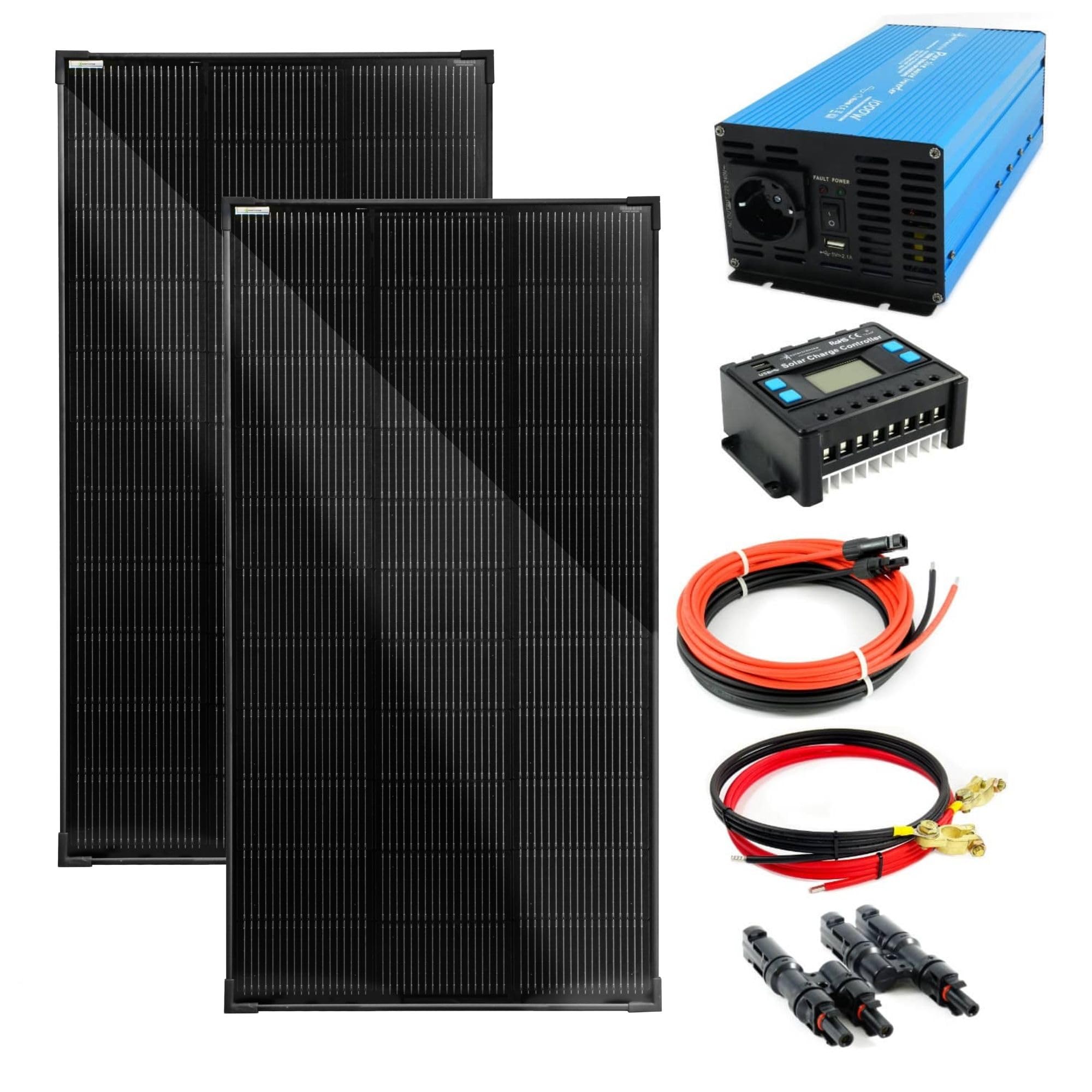 SOLARTRONICS Komplettset 2x120 Watt Solarmodul 1070x580x35, TS 1000W Spannungswandler + 20A Laderegler + Solarkabel + Solarstecker Photovoltaikanlagen Wohnmobil Inselanlage