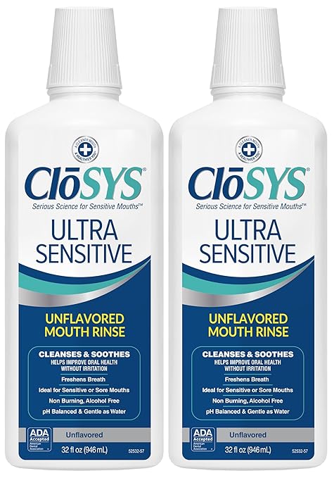 CloSYS Ultra Sensitive Mouthwash, Unflavored Alcohol Free, Dye Free, pH Balanced, Helps Soothe Entire Mouth – 32 Oz (Pack of 2)