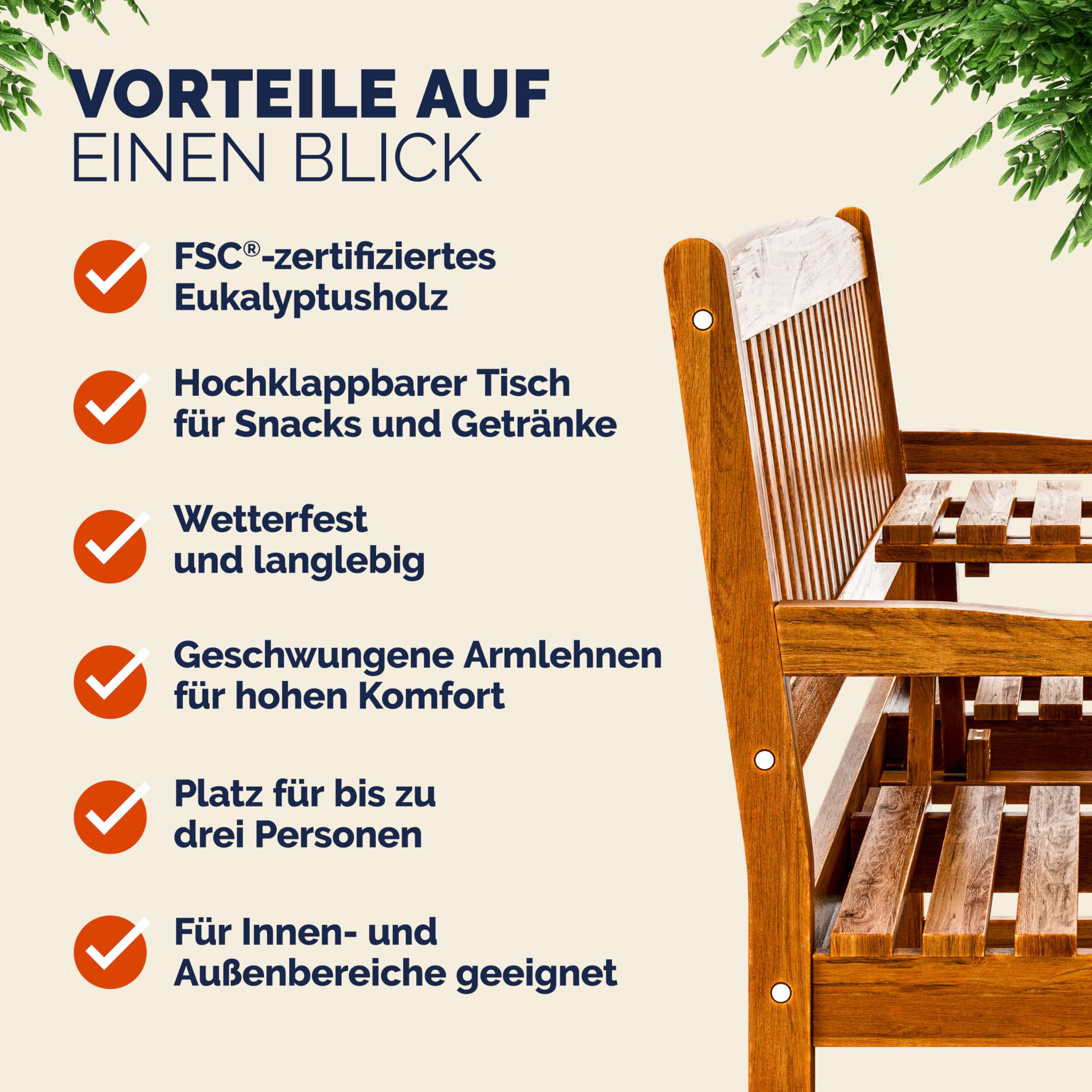 Casaria® Gartenbank FSC®-Zertifiziert Wetterfest | 153x57cm, Holz, 480kg Belastbarkeit, 3-Sitzer, Armlehne, Rückenlehne, Garten, Balkon, Eukalyptus, braun