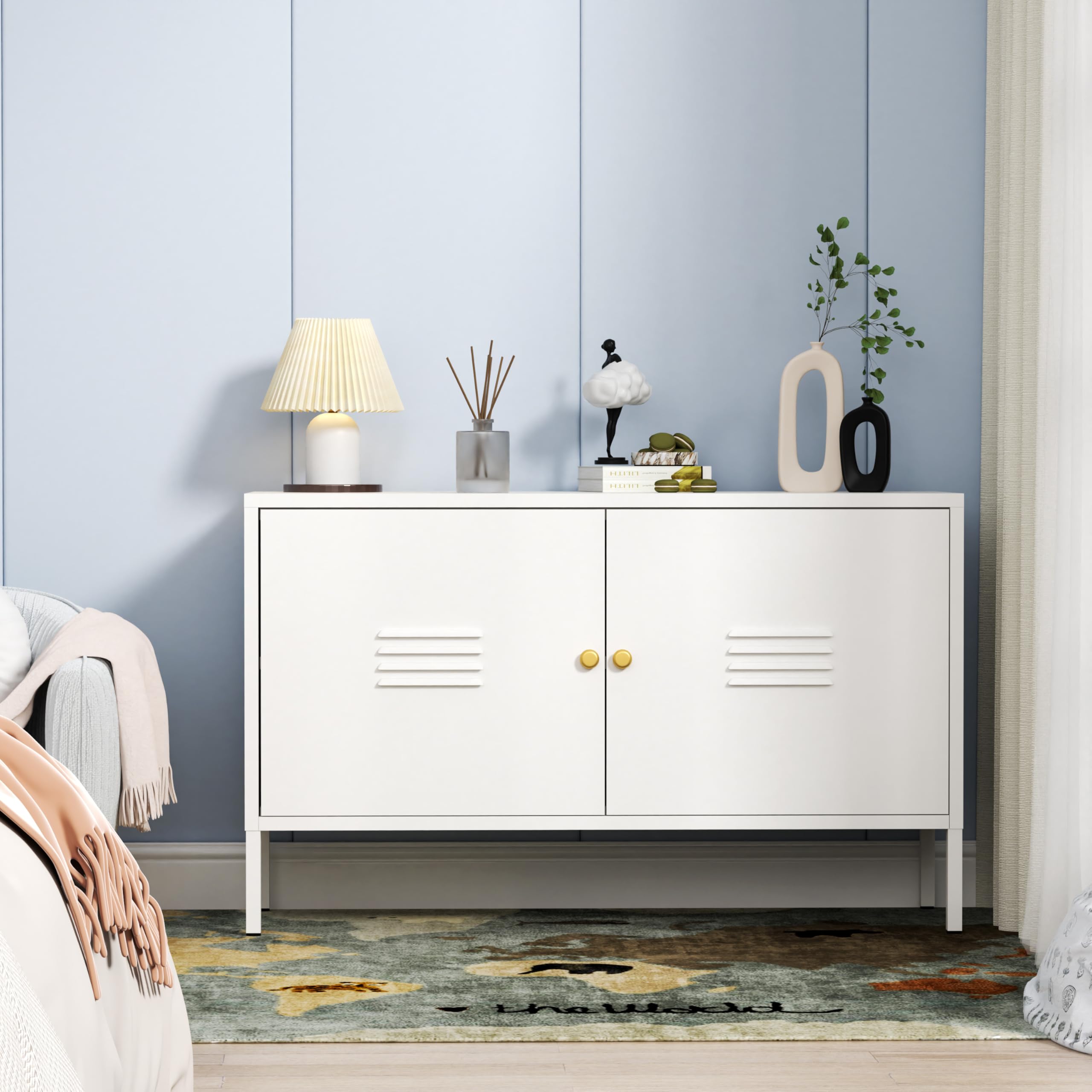 WISUNO Metal Accent Storage Cabinet for Bed Room,Living Room,Home,Hotel,Office,Garage,2-Tier, Removable Shelf (2 Door Accent Cabinet, White)