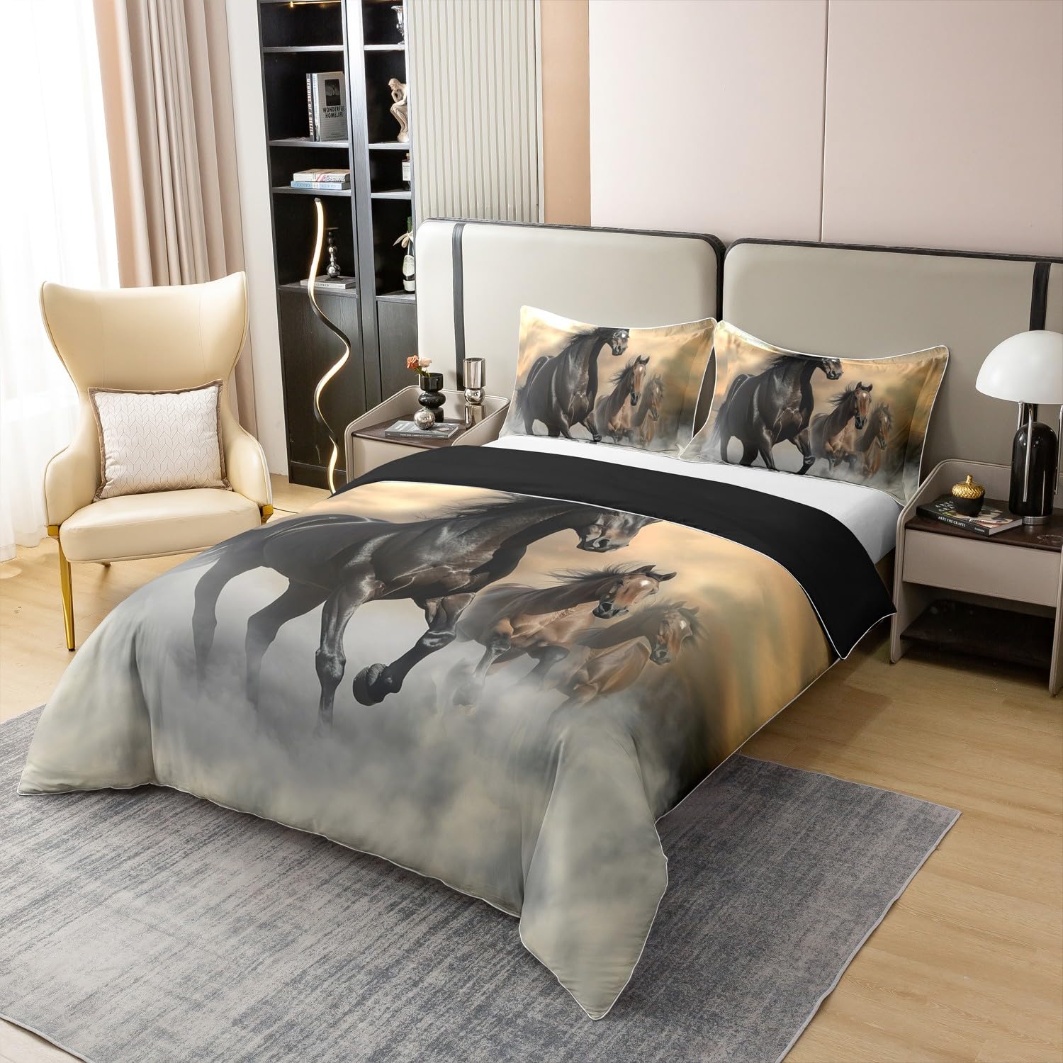 Funda nórdica de caballo de 220 x 240 cm, 100% algodón, juego de cama de caballo de carreras, juego de cama con estampado de animales de granja, para hombres, mujeres, adolescentes, niños, decoración