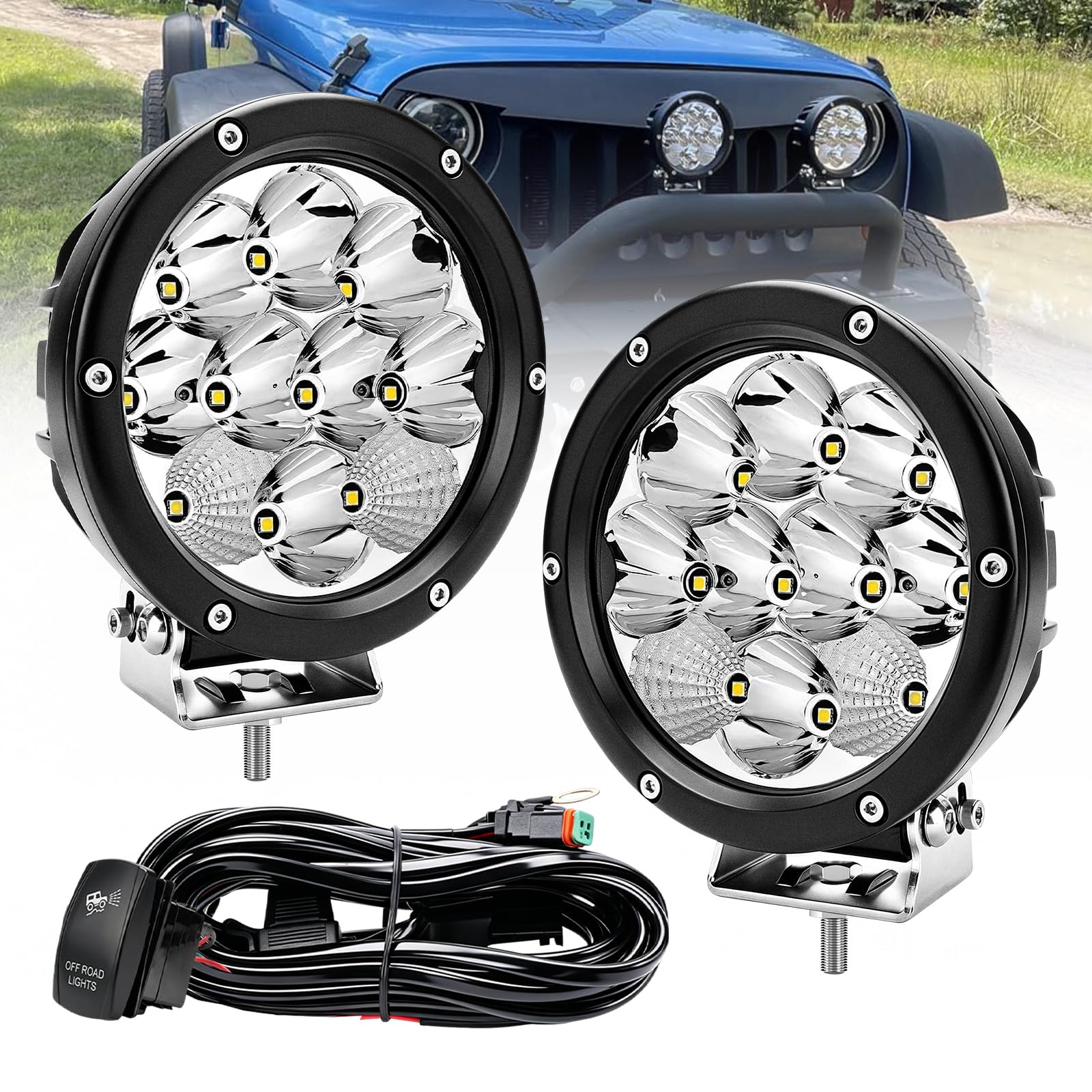 Chelhead Reflektor roboczy LED okrągły 50 W, 5,7 cala, 6500 lm, reflektor punktowy i floodowy, wodoodporny IP68, zestaw okablowania 1 mm², kompatybilny z 10-30 V DC quad SSV SUV pickup (biały)