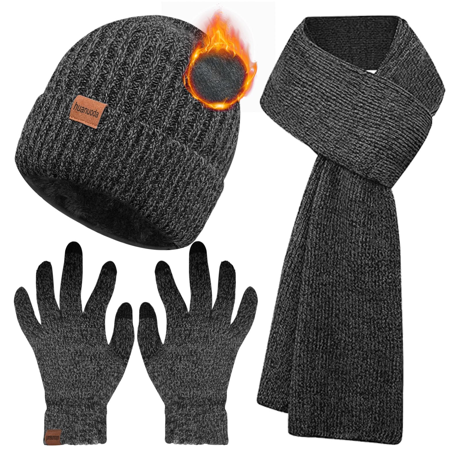 3PCS Winter Beanie Hat Scarf Touchscreen Gloves Set for Men and Women, Knitted Fleece Lined Hats Thermal Gloves Long Scarf