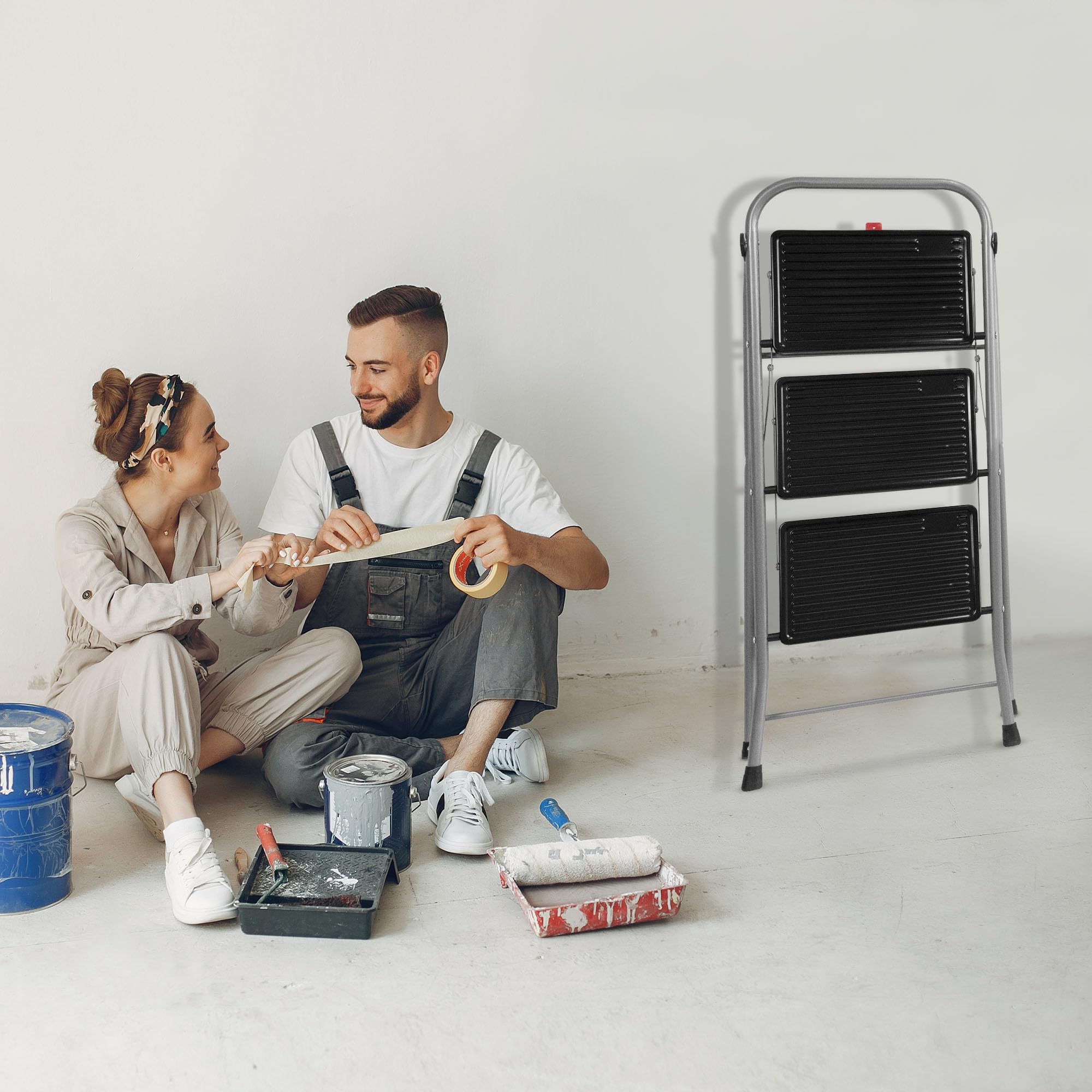TIENDA EURASIA - Taburete Plegable | Escalera Plegable | Estructura de Metal | Color Plata y Negro | Peso máximo 150 kg | Escalones Antideslizantes | Escaleras Plegables Aluminio (3 Peldaños)