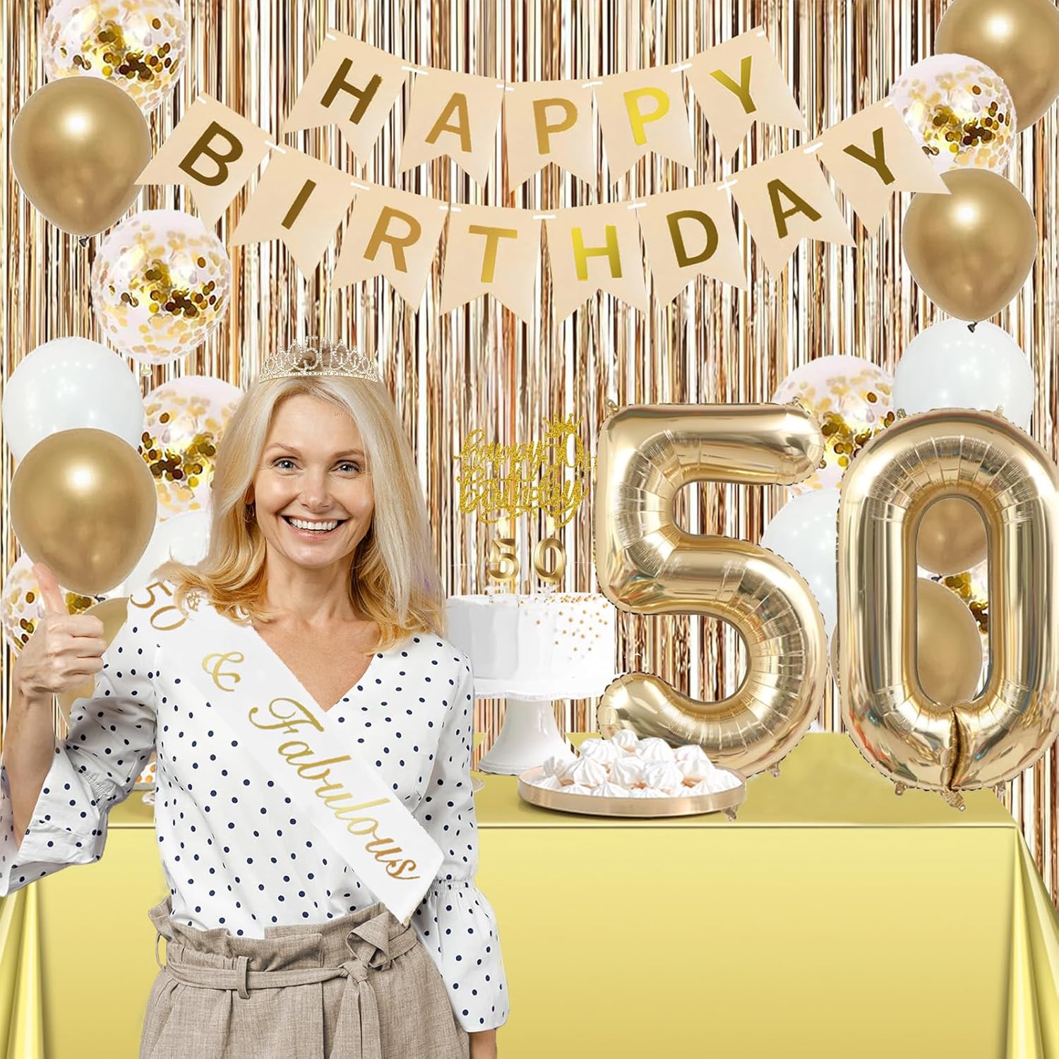 Trgowaul 50th Birthday Decorations for Women, Banner, Sash and Crown, Cake Topper, 50 Number Balloon, Fringe Curtains, Champagne Gold 50th Birthday Party Supplies - Image 9