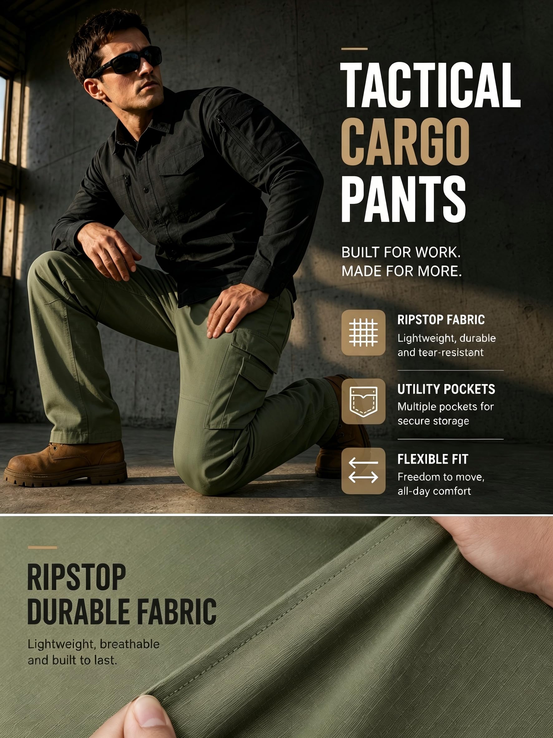 ZITY Pantaloni Cargo Uomo Tattici Ripstop con Multi Tasche, Pantaloni Outdoor da Lavoro per Trekking Escursionismo e Uso Quotidiano