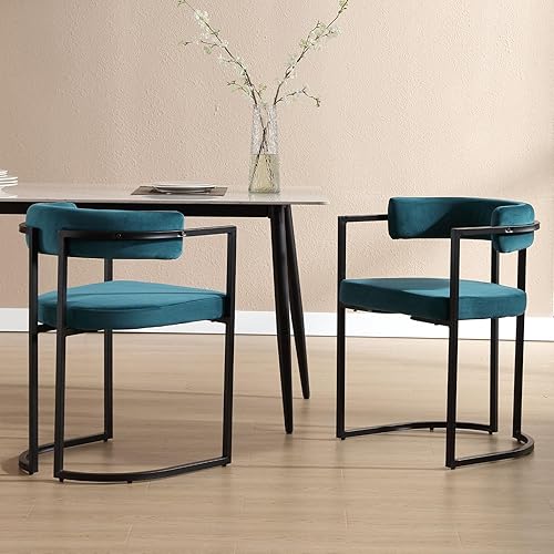 Miniatura 2 de ZSARTS Modern Barrel - Juego de 4 sillas de comedor de terciopelo verde azulado con brazos, sillas de cocina tapizadas con marco de metal negro para