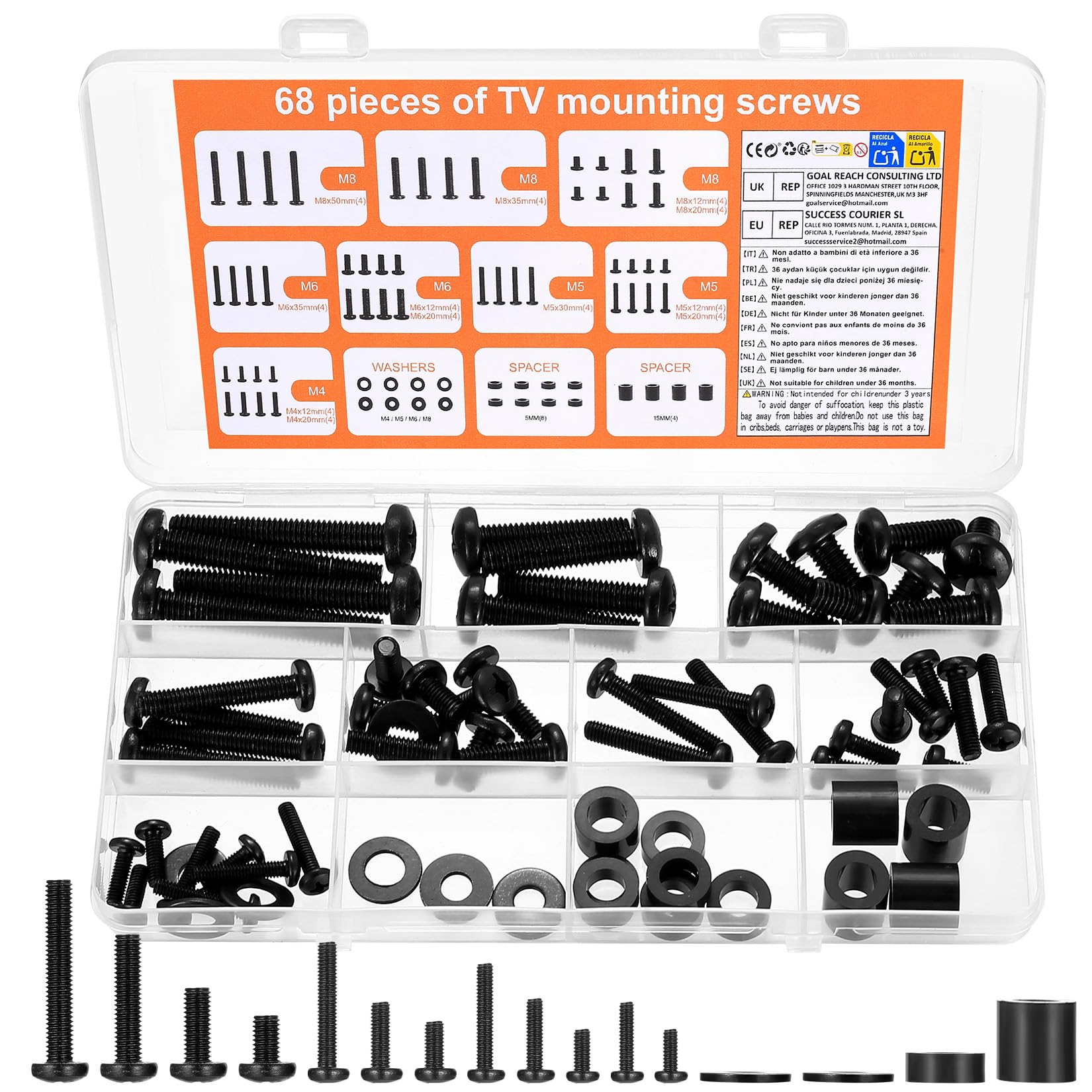 Ensemble de vis VESA BOJIUKEJI, M4 M5 M6 M8, 68 pièces, Noir, pour montage mural TV et support moniteur jusqu'à 80 pouces, avec entretoise