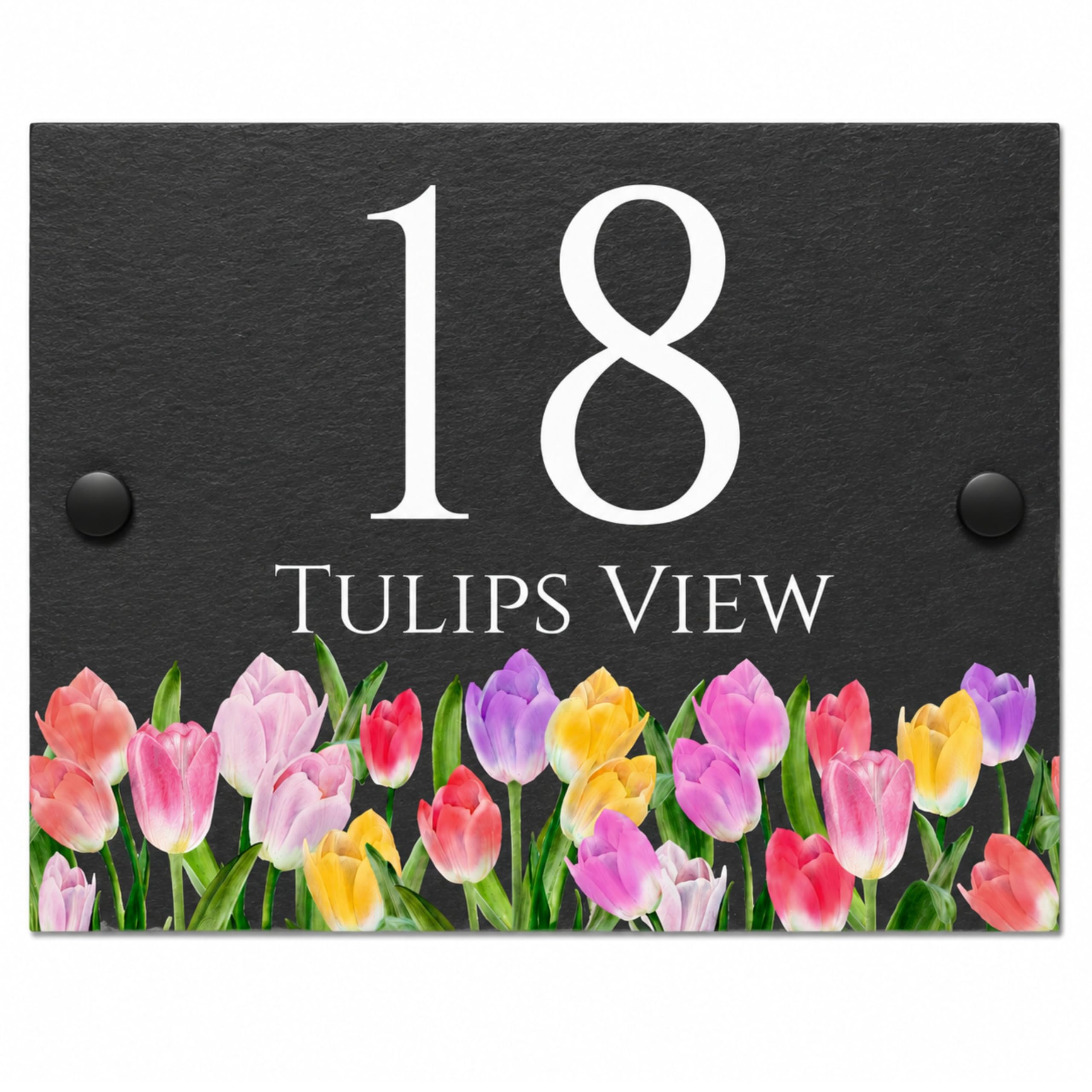 Personalised Slate House Sign with Floral Design – Custom Address Plaque 15x20cm – Outdoor Rustic Slate Door Number or Name Sign (Tulips) — image 1