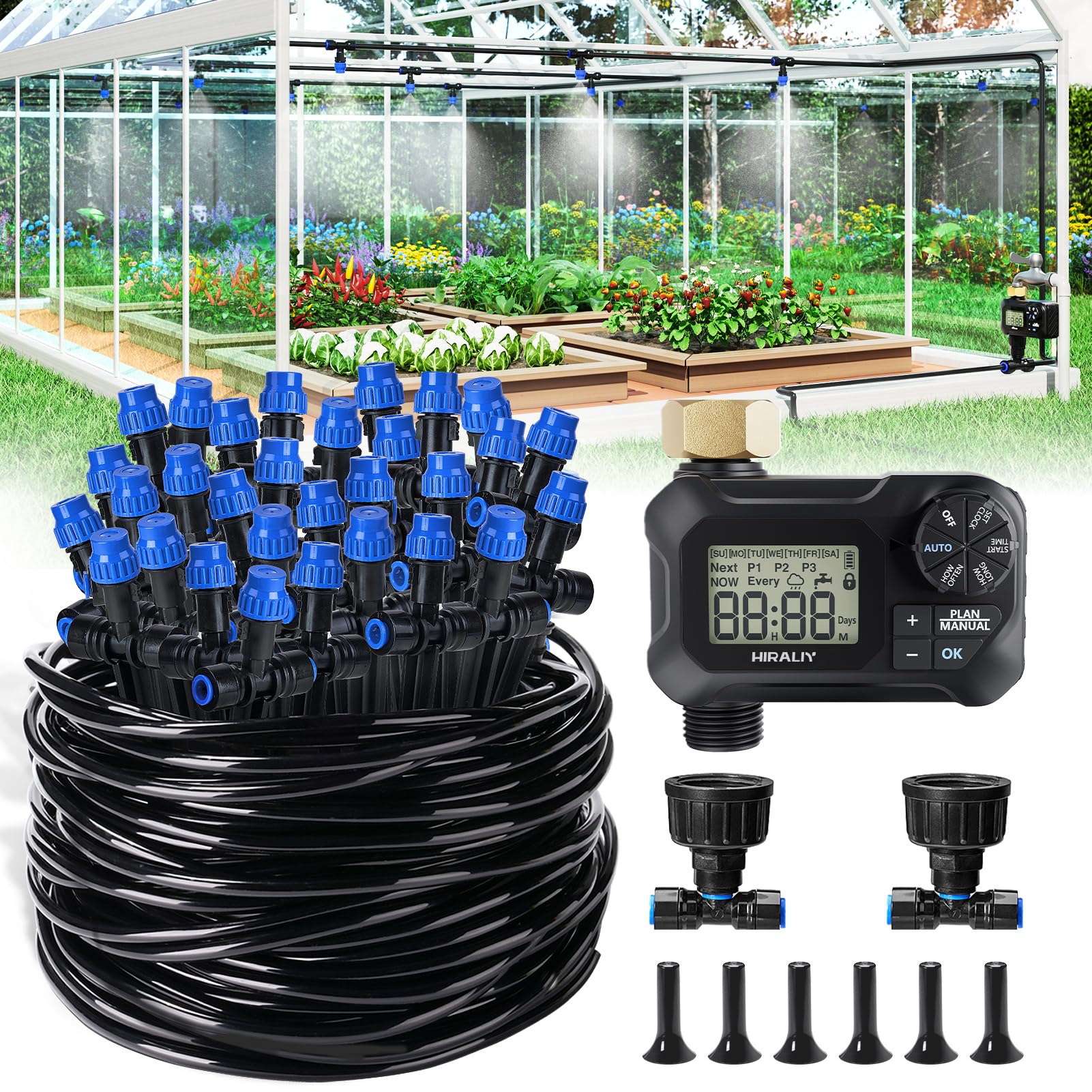 Photo 1 of ***JUST NOZZLES***HIRALIY 118FT Drip Irrigation Kit with Water Timer, Quick-Connect Garden Watering System with 30 Adjustable Misting Nozzles, 1/4 in Tubing for Greenhouse, Raised Beds & Hanging Plants