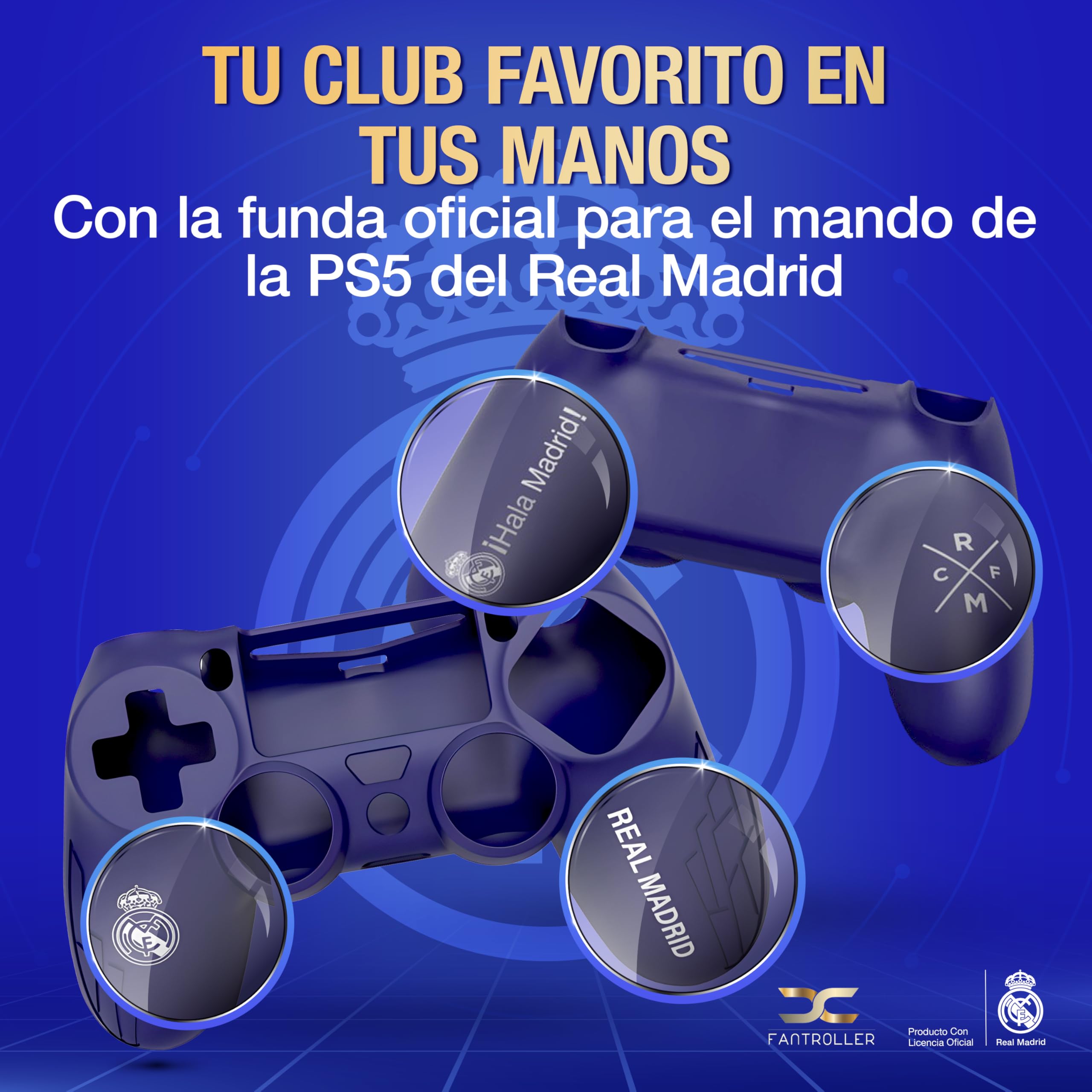 Funda para controlador PS4 con diseño oficial del Real Madrid para máxima protección y agarre | Funda para controlador PS4 disponible en azul y blanco