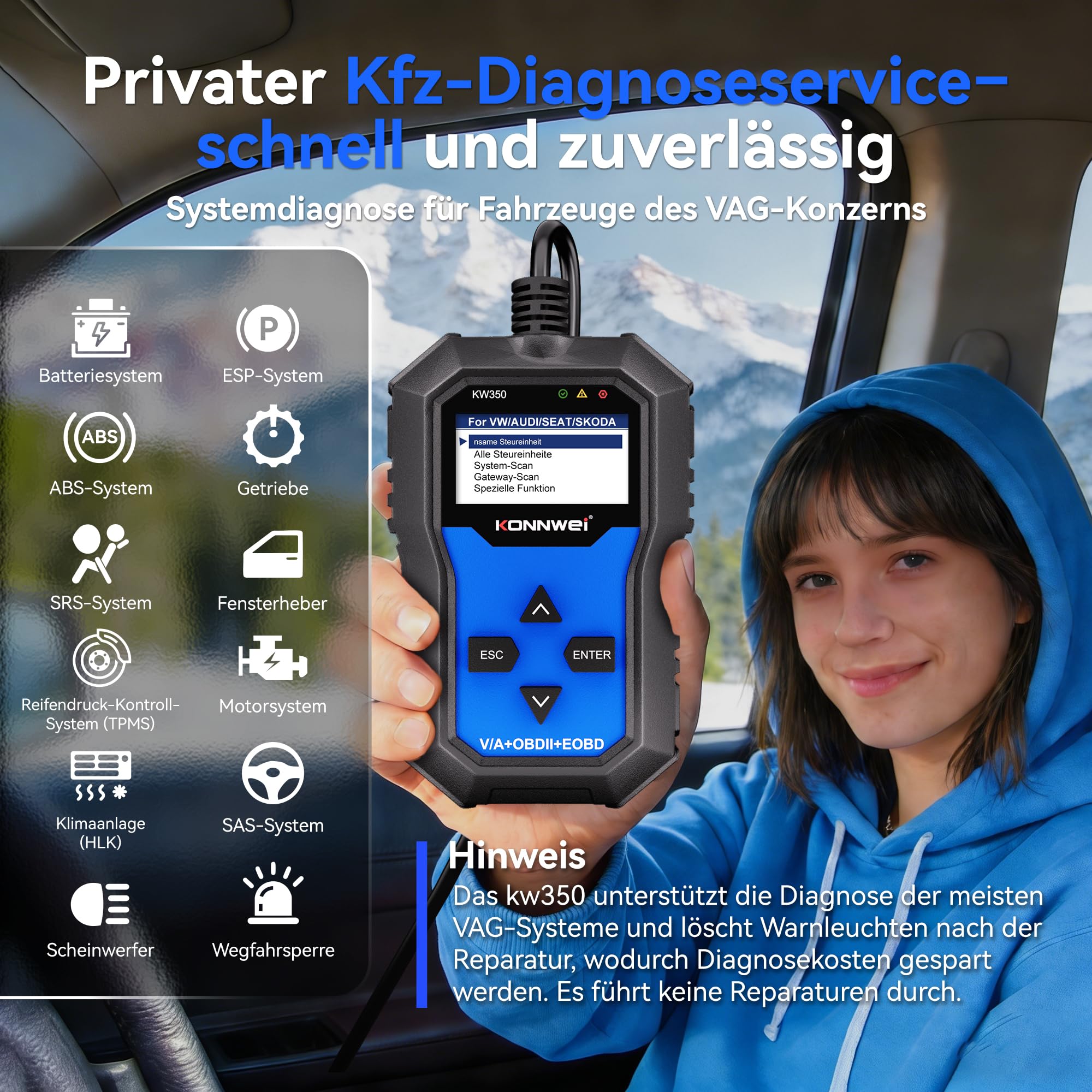 KONNWEI KW350 OBD2 Diagnosegerät für VW Audi Skoda Seat | Diagnosegerät Auto KFZ Fehlercode Auslesegerät mit ABS SRS BMS DKA EPB Öl Reset für VAG Fahrzeuge in Deutsch
