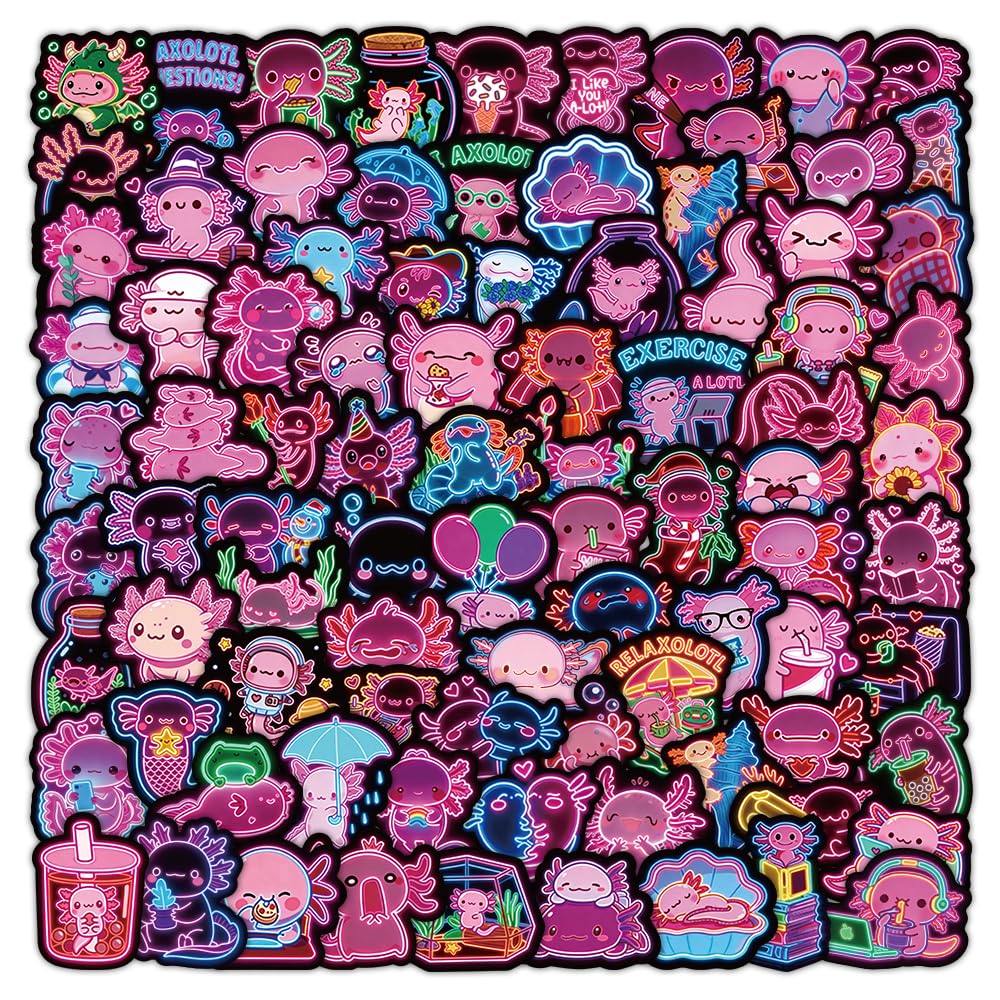 120PCS Neon Axolotl Stickers, Cute Cartoon Vinyl Salamander Stickers for Laptop, Water Bottle - Waterproof Pink Animal Decals, Axolotls Gifts for Kids