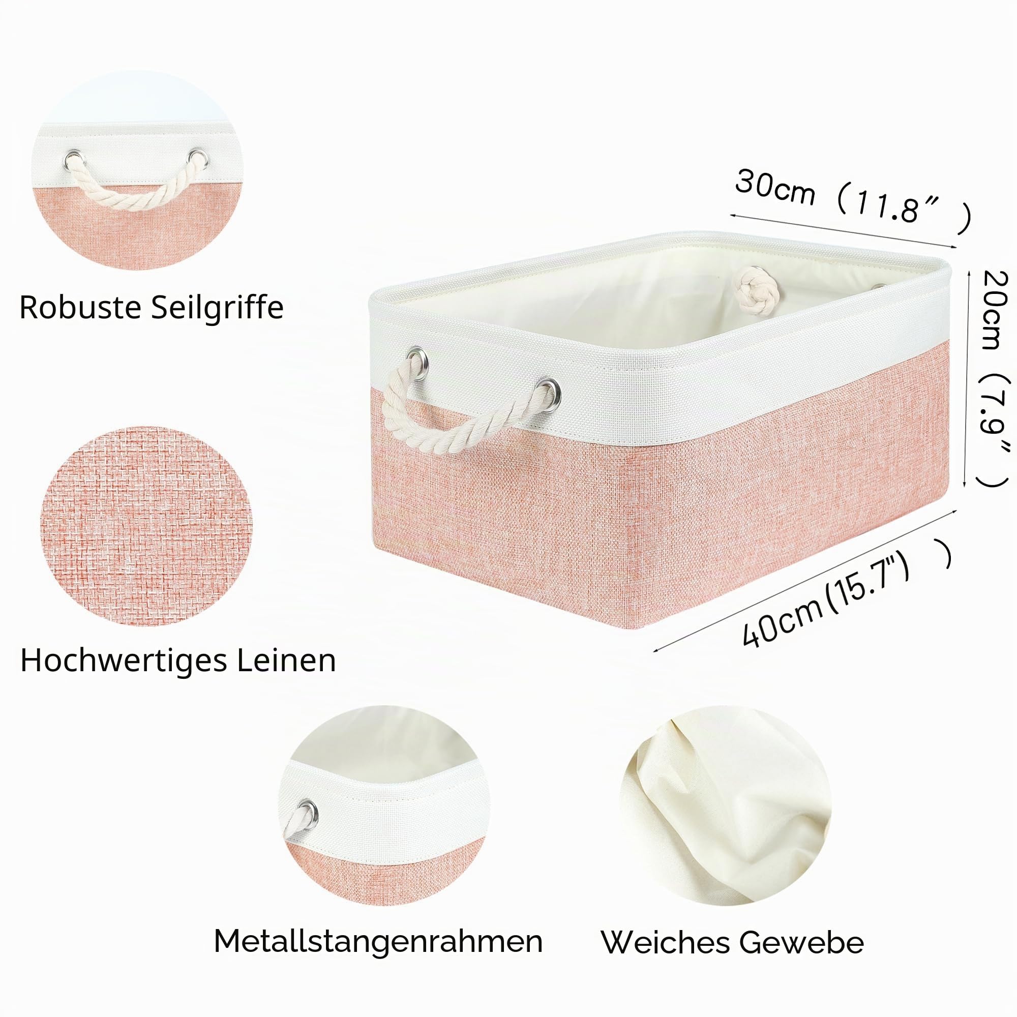 4 Stück Aufbewahrungskorb Stoff mit Griffen, Faltbare Groß Aufbewahrungsboxen, Kleiderschrank Aufbewahrungskörbe für Büro & Haus, Buch, Kleidung, Spielzeug (Rosa Weiß, Groß)