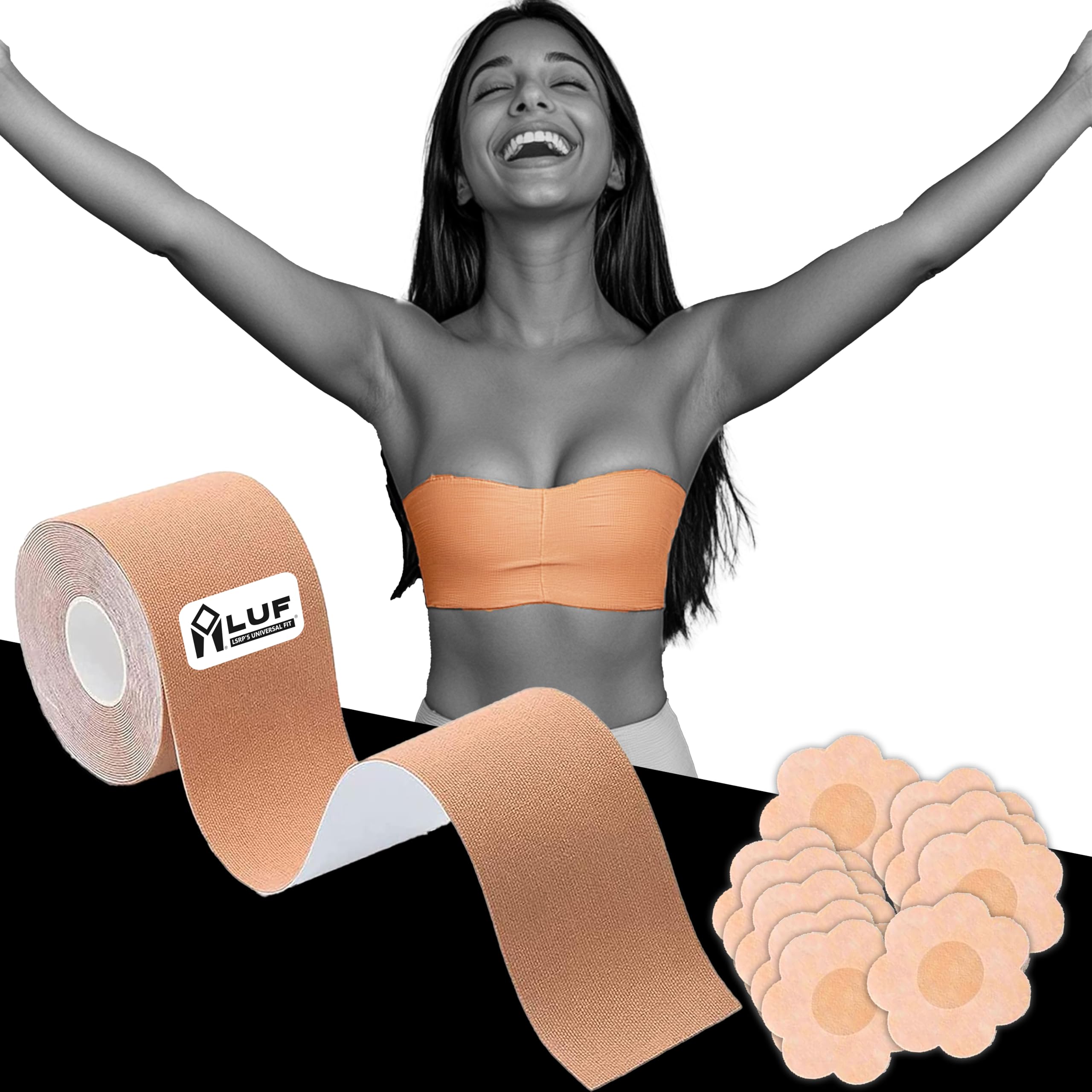 LUF 100% Latex Free Boobtape with 10 Nipple Pasties - Skin Friendly Anti Allergic Strong Adhesive Body Tape for Women Clothes Boob Tape - Instant Breast Support Lifter & Shaper Roll - 5 Meter Length-image-3