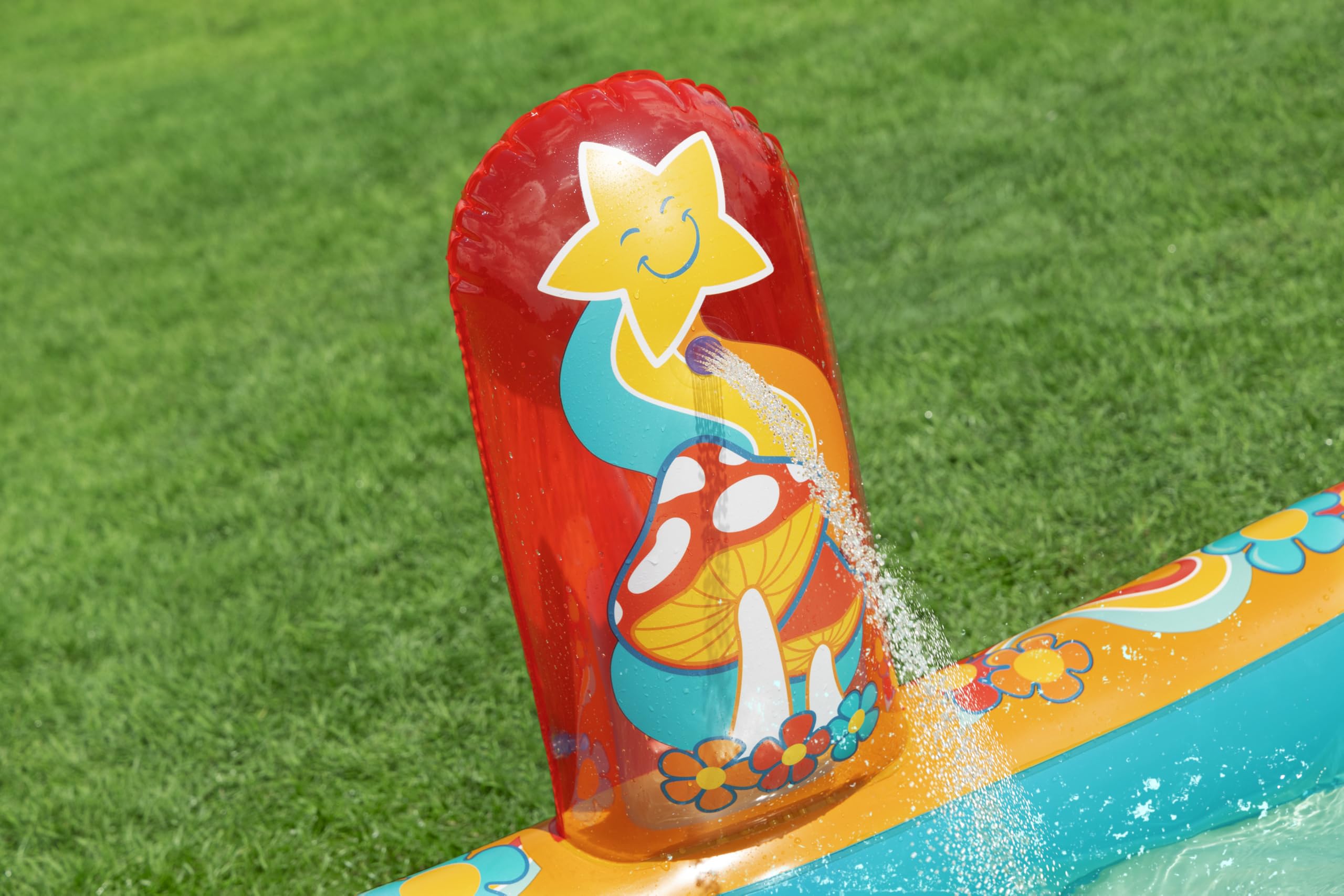 Bestway Wasserspielcenter Retro-Welt, 193 x 152 x 74 cm, ab 2 Jahren, mit Wassersprinkler, Rutsche, Spielwand, Wasserball, 5 Spielbälle, PVC, Retro-Design
