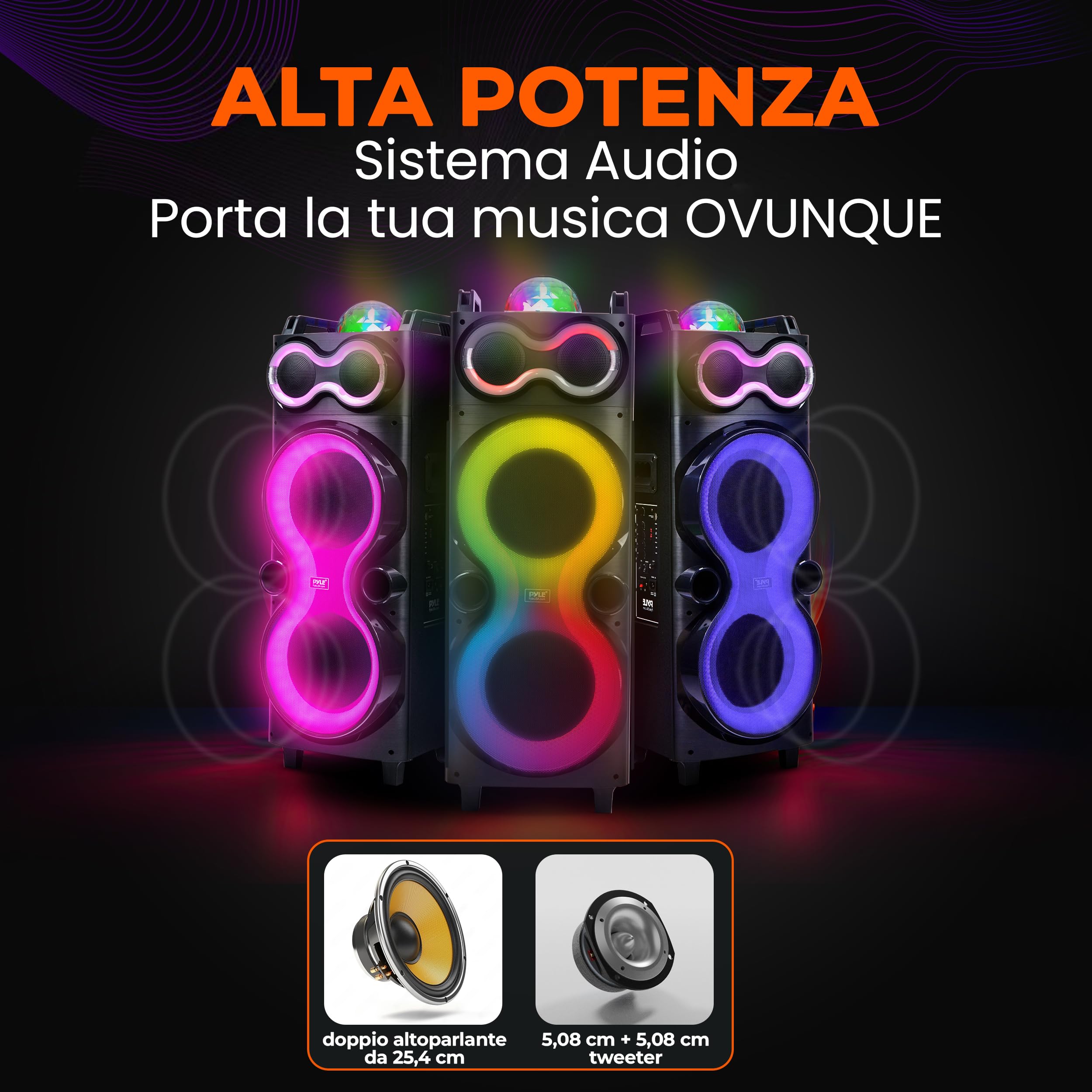 Pyle Cassa Bluetooth Potente 240 Watt, Speaker con Microfono Wireless, Altoparlante Bluetooth Portatile 25 cm, Karaoke, Batteria Ricaricabile, USB/SD/AUX/FM, LED, Esterno/Interno