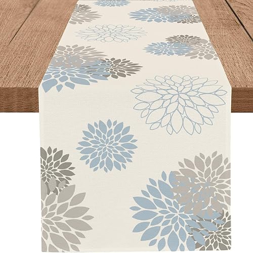 Camino de mesa azul claro y gris con flores de dalia silvestre, pinnata, moderno, elegante, pompones, decoración geométrica de centro de mesa para