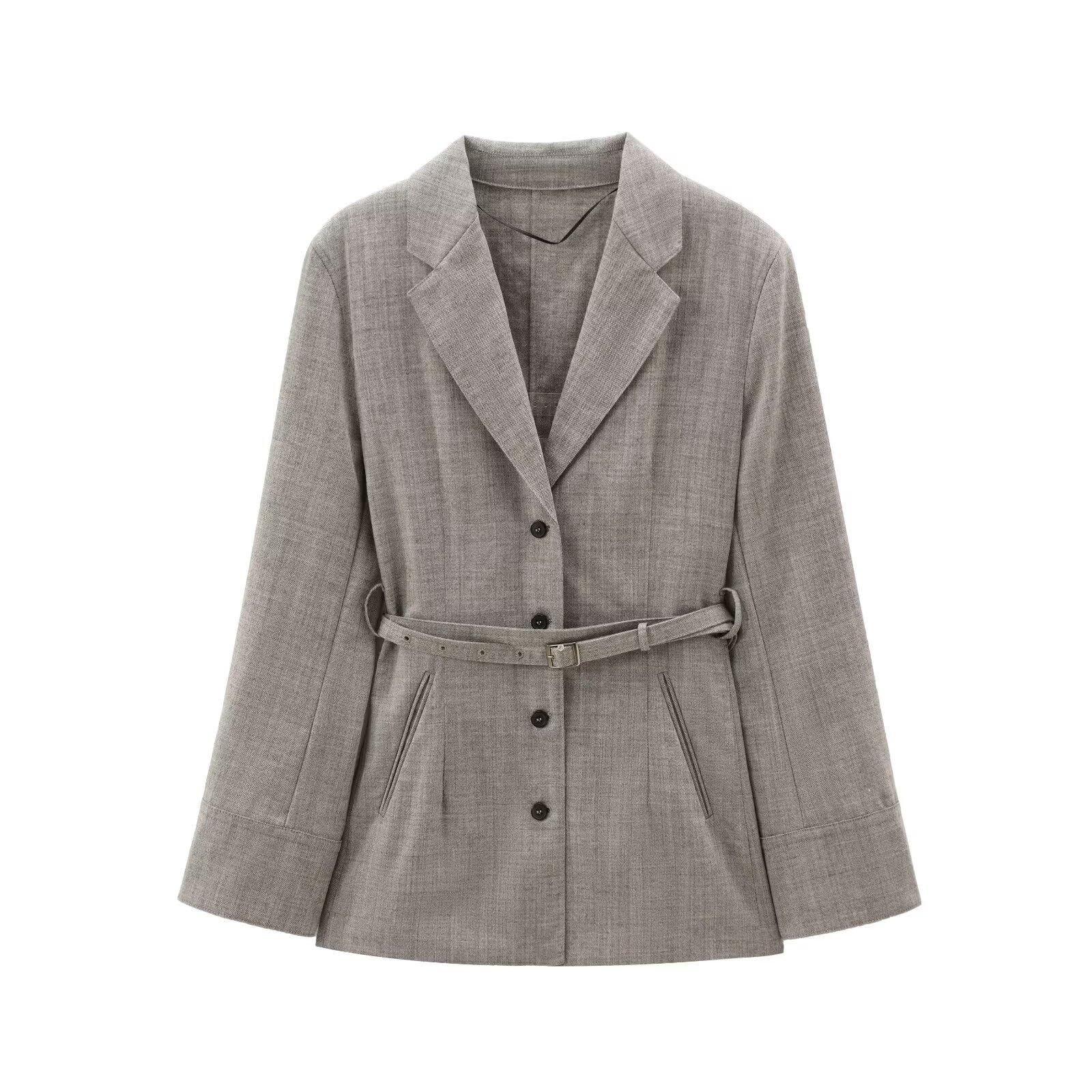 Minimalist Collect Waist Casual Suit Jacket Fashion Elegant Gray Color Single Breasted Blazers Women Tops