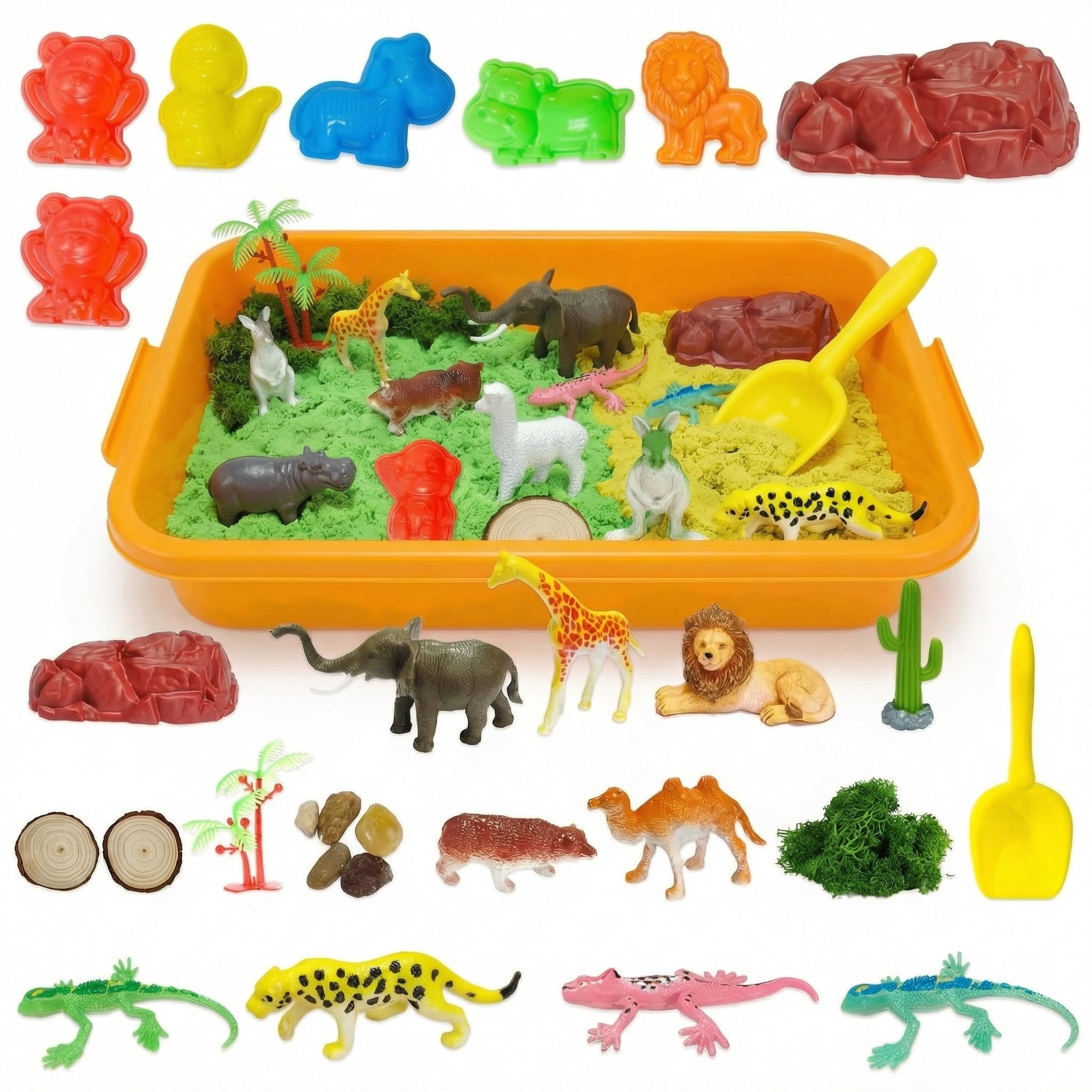 Carolart Jungle Sensory Bin, Animal Sandbox & Sensory Sand Kit | Safari animal habitat play set with wild animal toys, gift for boys and girls ages 3-8, sensory play activity