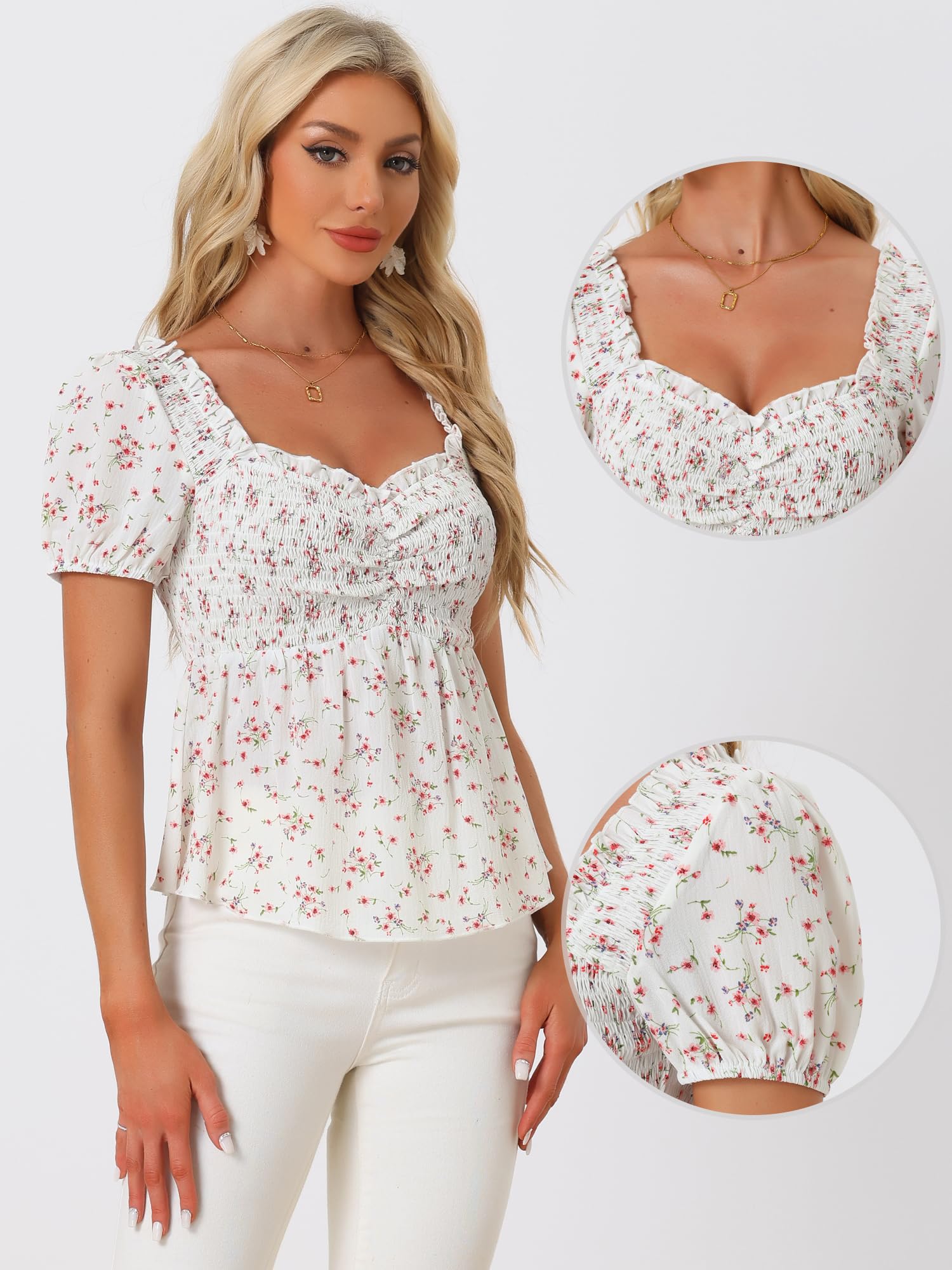 Allegra K Haut floral pour femme avec col en cœur froncé et volants