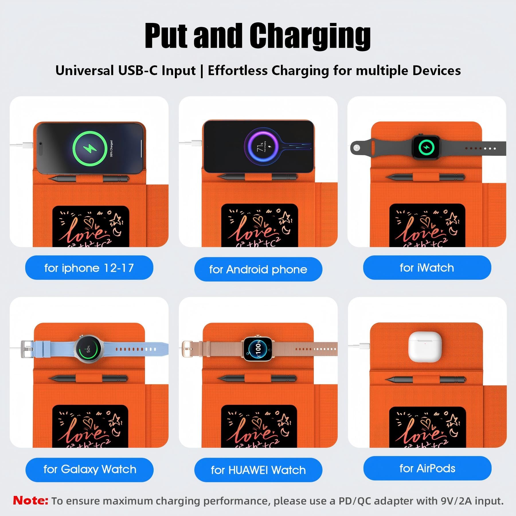 Tappetino per mouse con ricarica wireless con tablet LCD, superficie pieghevole in pelle antiscivolo, caricabatterie rapido magnetico da 15 W per iPhone/Apple Watch/Samsung Galaxy Watch/S più