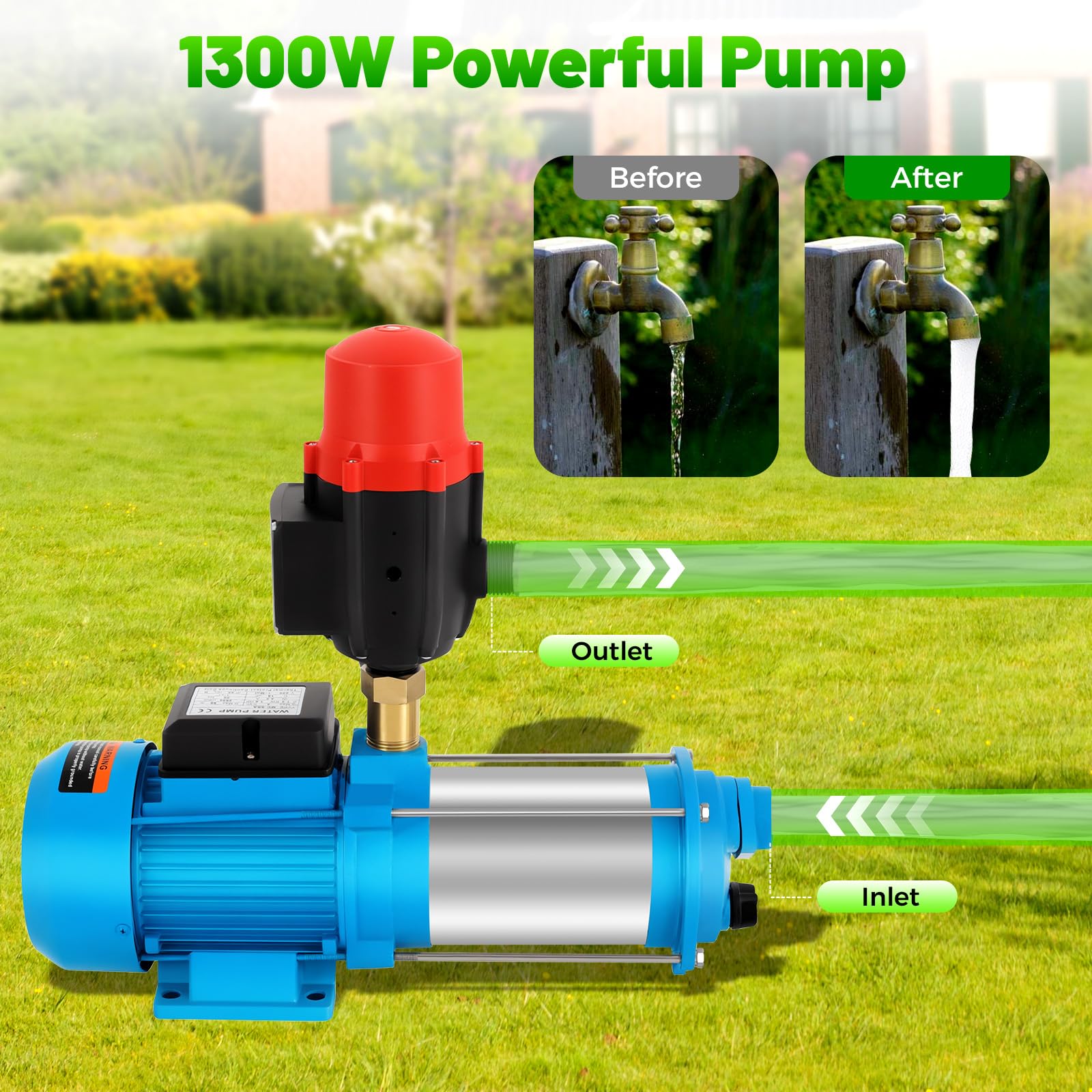 Bomba Centrífuga de Acero Inoxidable de 1300 W, Bomba de Agua con Interruptor de Flujo y Manómetro, para Riego Jardín Pozo Hogar Industrial 4000L/h IP44 Protección Energético