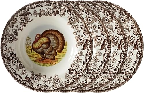 Spode Woodland - Tazón de sopa de 9 pulgadas, juego de 4, tazón grande con motivo de pavo, pasta y ensaladera para Acción de Gracias, hecho de loza