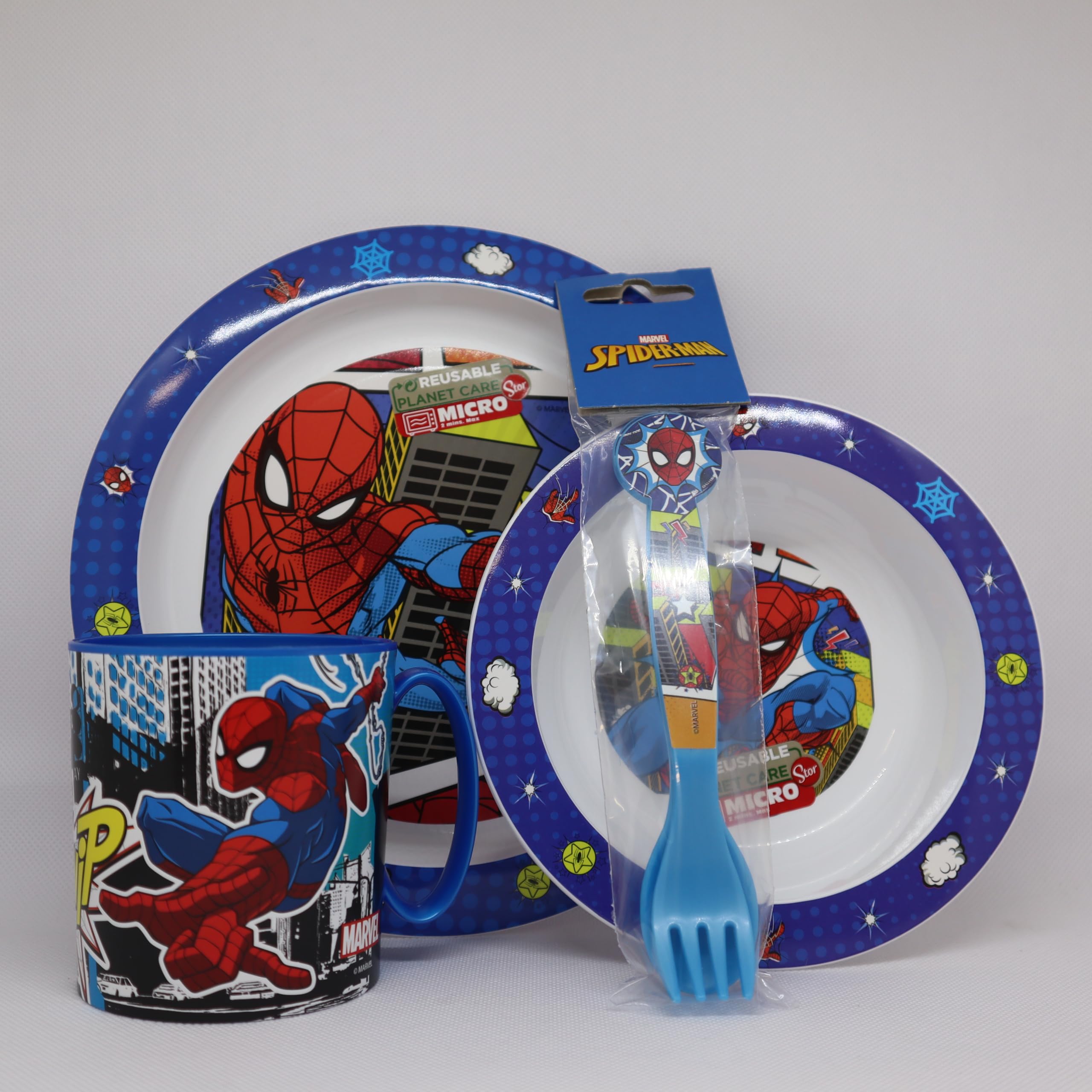 Set Piatti Bambini, Set pappa, Stoviglie bambini riutilizzabile per asilo, scoula, piatto, ciotola, posate, tazza 350ml, Set piatti in plastica dura, Spiderman