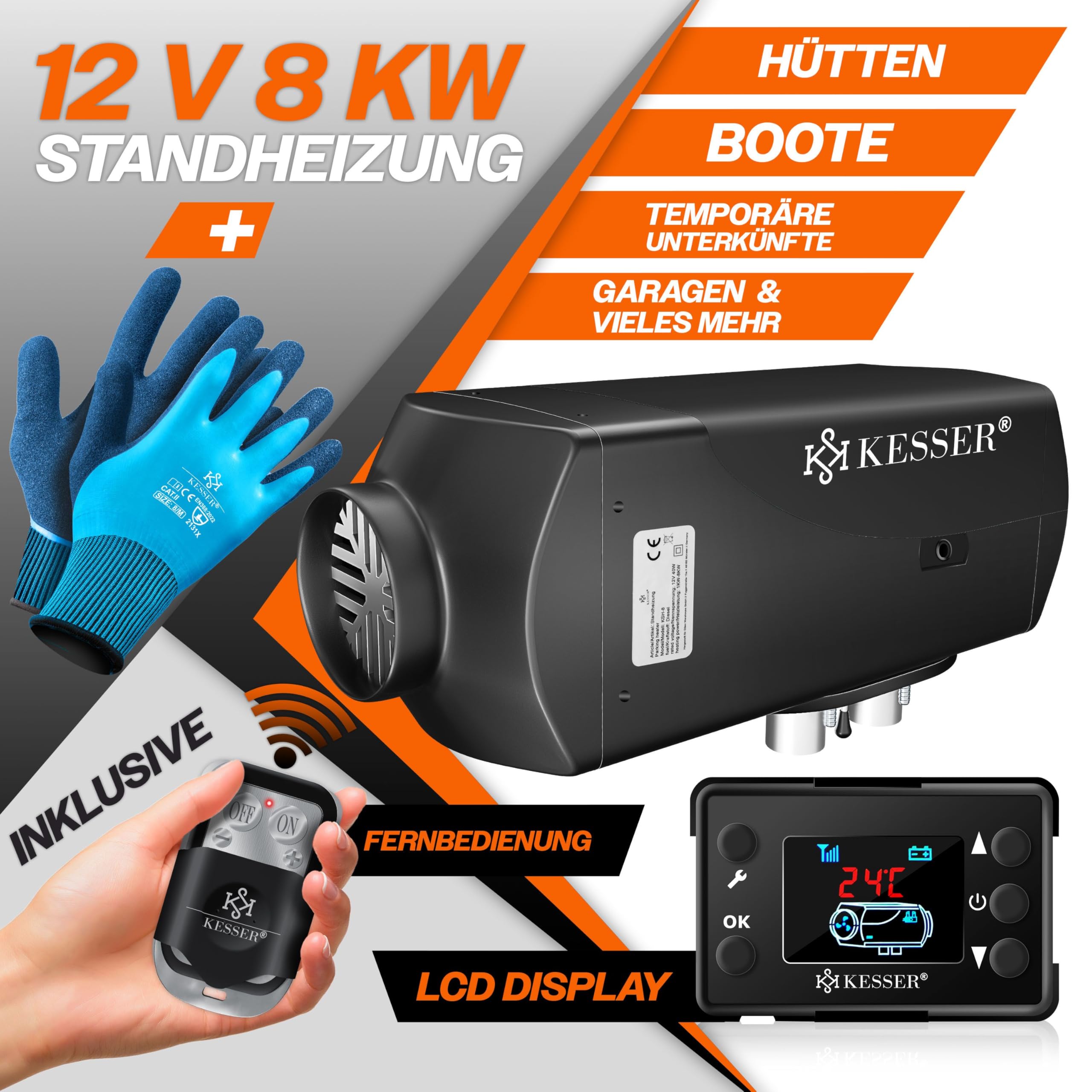 KESSER® Riscaldatore Diesel 8kW Riscaldamento Diesel 12V/24V con Timer, Display LCD e Telecomando | Riscaldamento Rapido | Riscaldatore d'Aria con Silenziatore e Termostato (Nero, 8KW)