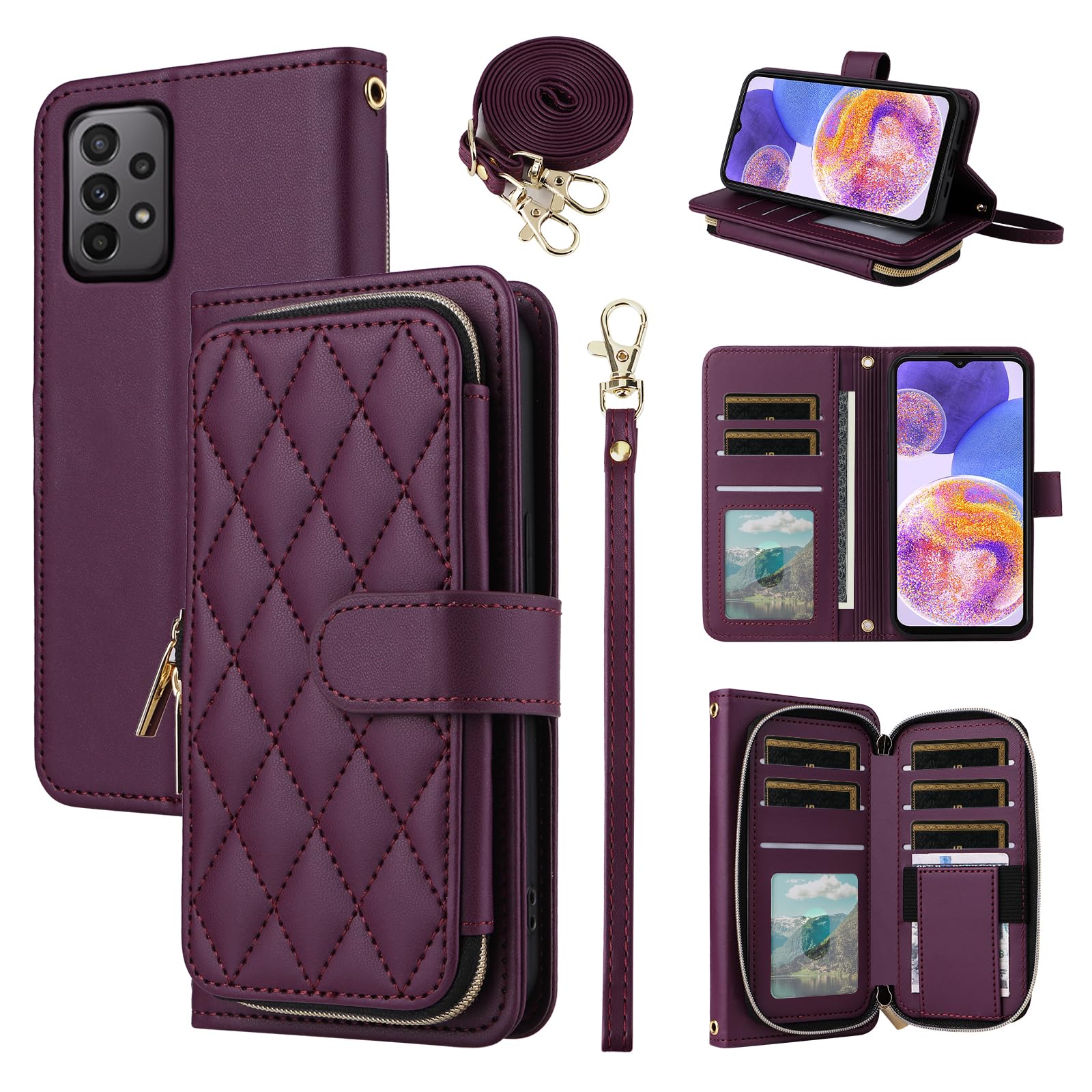 Furiet Wallet Case for Samsung Galaxy A23 5G/4G with Detachable Wrist Strap 9+ Card Slots Zipper Purse Luxury PU Leather Stand Full Body Accessories