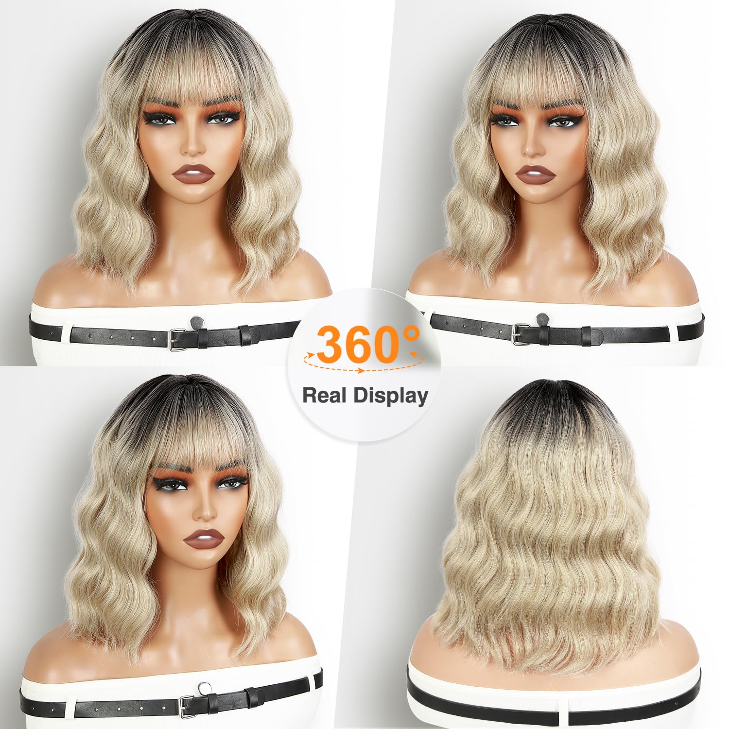 WIGNEE Parrucca Bob Corta Ondulata Con Frangia, Ricci Naturali Femminili | Biondo Ombré Con Mechature, Capelli Sintetici Resistenti Al Calore Senza Colla, 12 Pollici