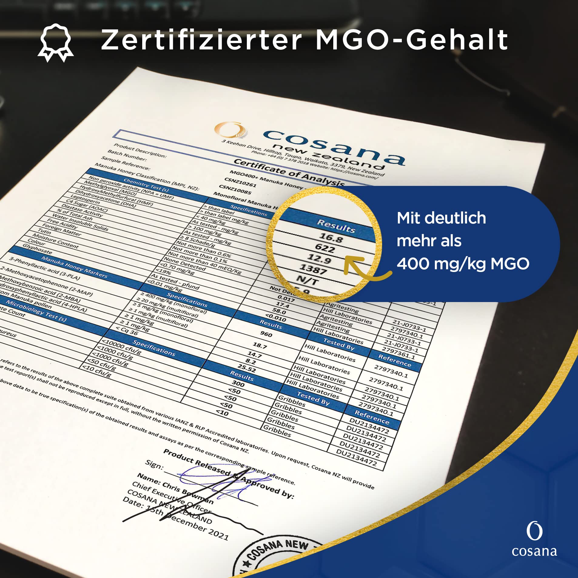 Cosana Manuka Honig 400 MGO 500g – 100% Pur, zertifiziert aus Neuseeland