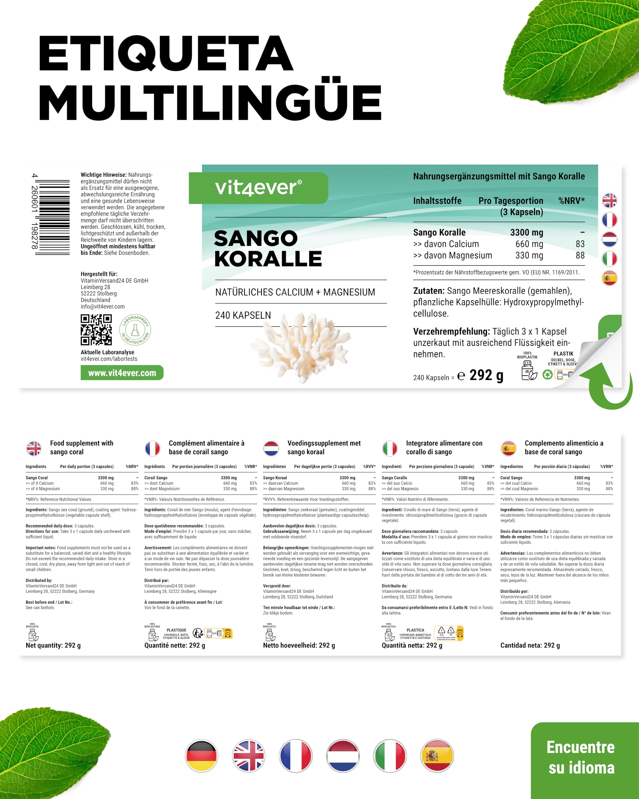 vit4ever Coral Marino Sango - 240 Cápsulas (3 Meses) - 660 mg de Calcio y 330 mg de Magnesio - Fuente natural de Calcio y Magnesio - Alta Dosificación