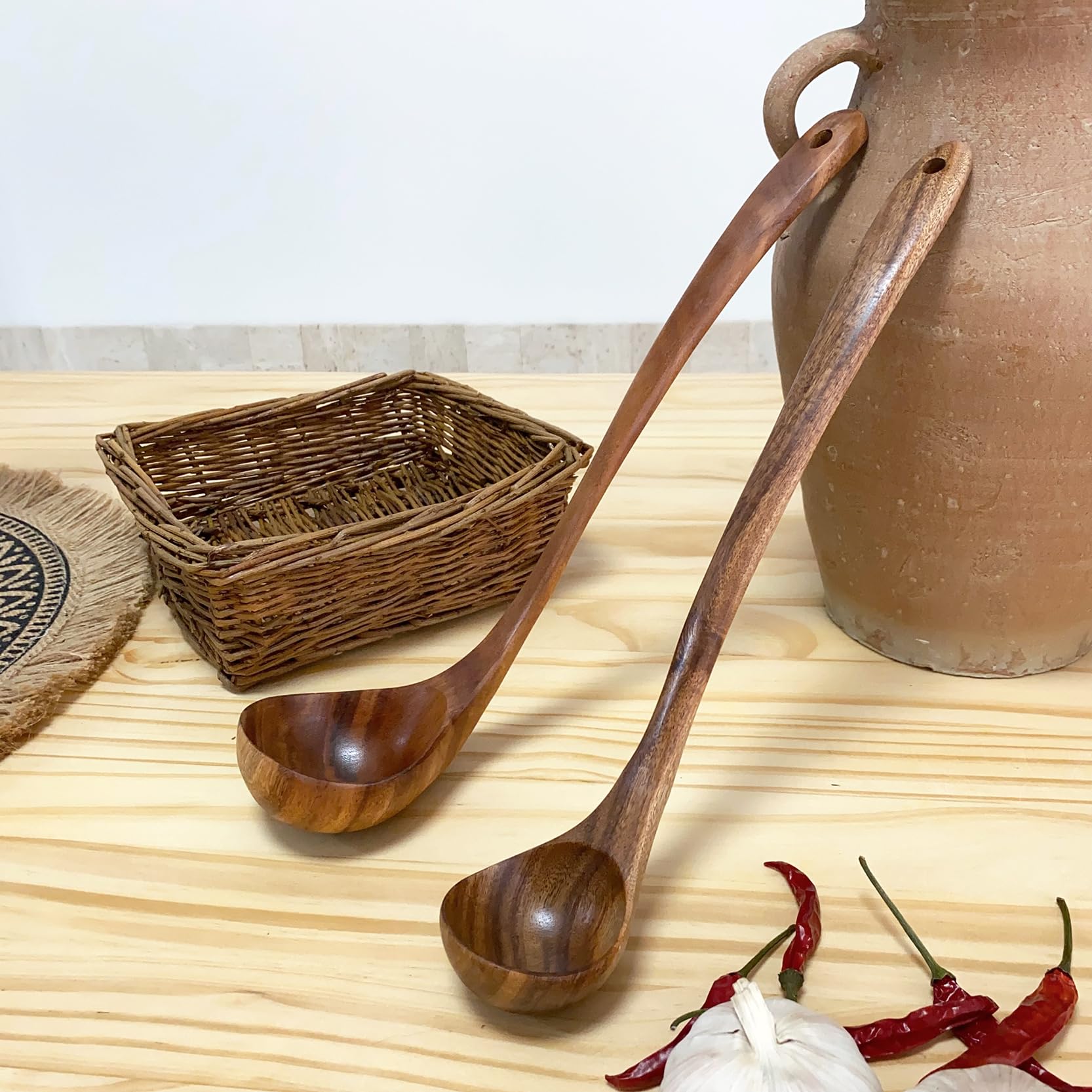 UPTALY 2 pcs Teak Wood Ladles with Long Handle (13.4'', 12.6''), Handmade, Kitchen Ladle for Deep Pot, Tall Vessels, Big Stockpots, Japanese Minimalist Cooking Spoon, for Serving Soup, Stew, Sauce