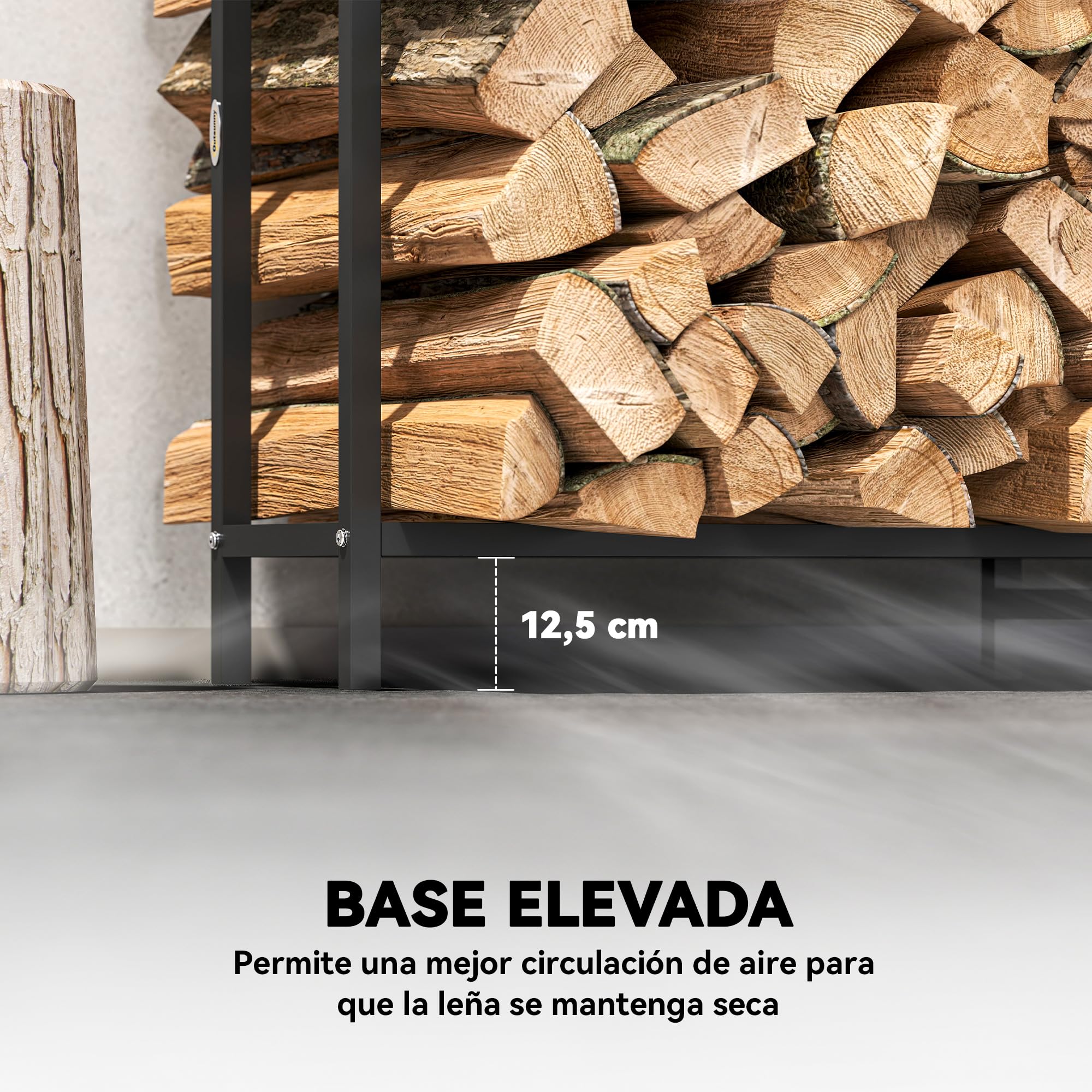 Outsunny Estante de Leña Metálico, 200x30x120 cm, Carga 300 kg, Leñero Exterior con Marco de Acero, Patas Extra Reforzadas y Diseño Recortado de Fogata, Soporte para Leña de Chimenea, para Jardín