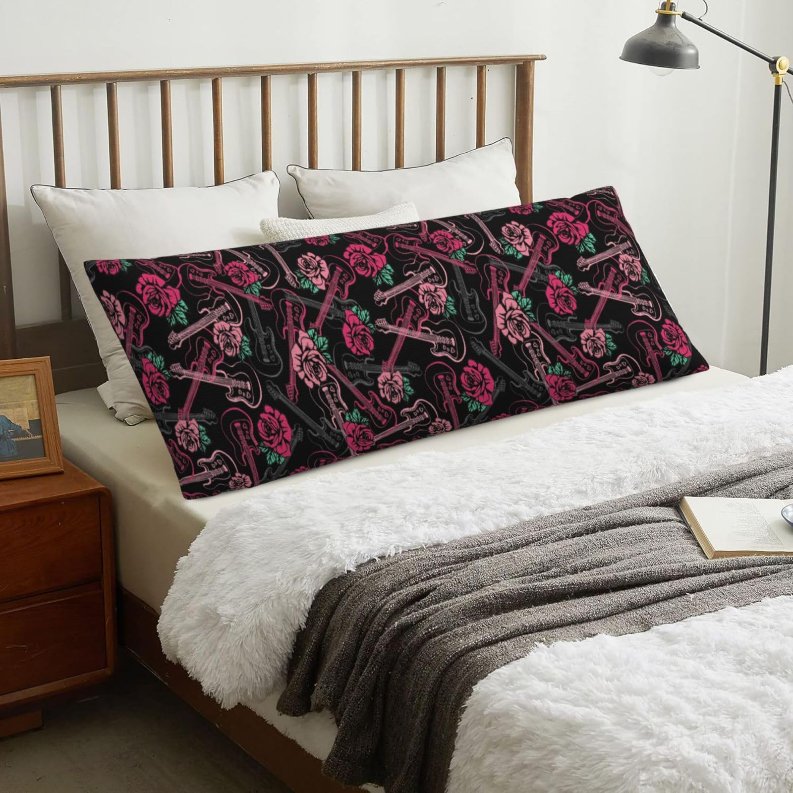 Guitar And Rose, Body Pillow Cover with Zipper,Long Body Pillowcase 20 x 60 in