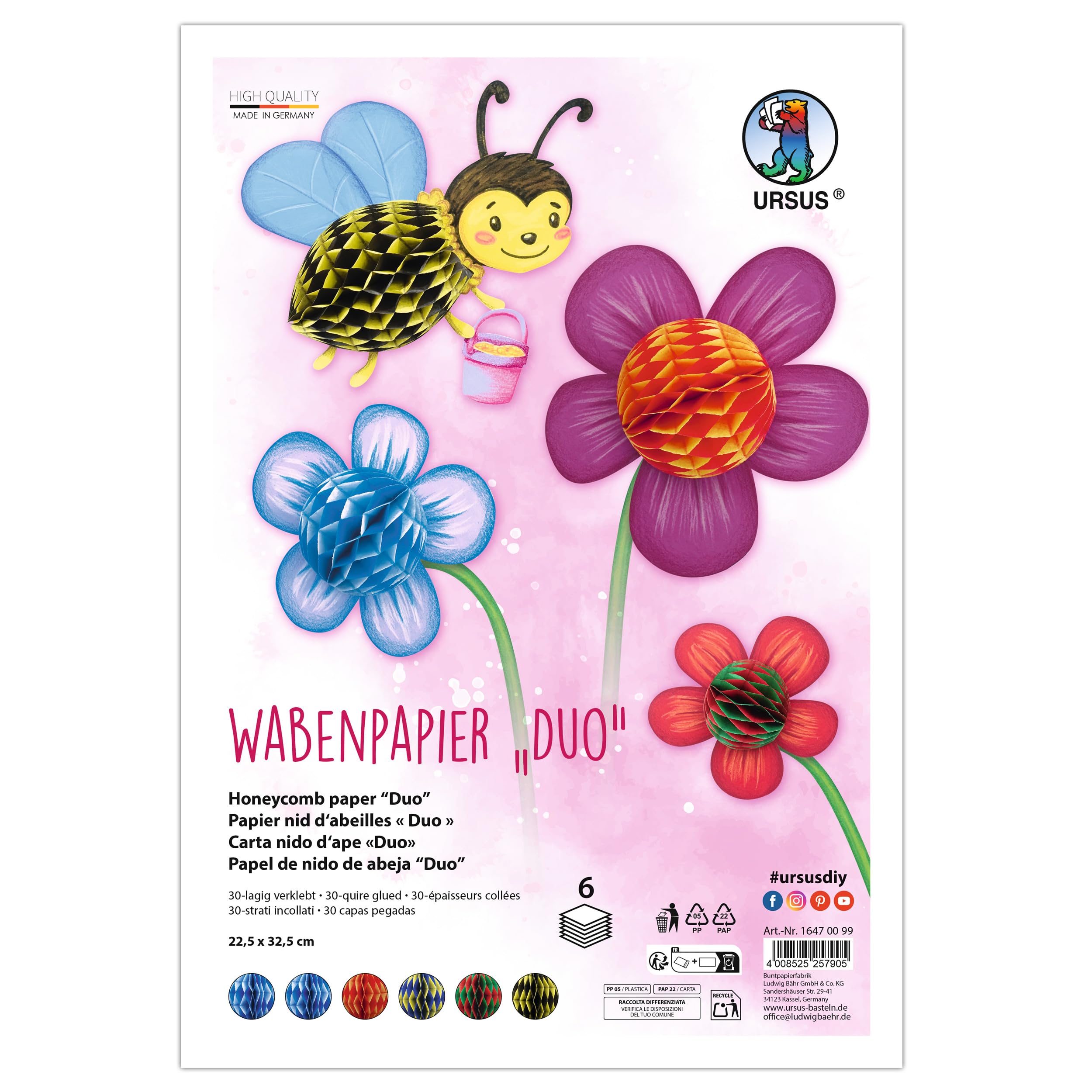 Ursus 1647 00 99 Honeycomb Paper Duo, 6 Pieces, Approx. 22.5 x 32.5 cm, 30-Ply Glued, Craft Paper with Honeycomb Structure, Craft Set for Decoration and Figures