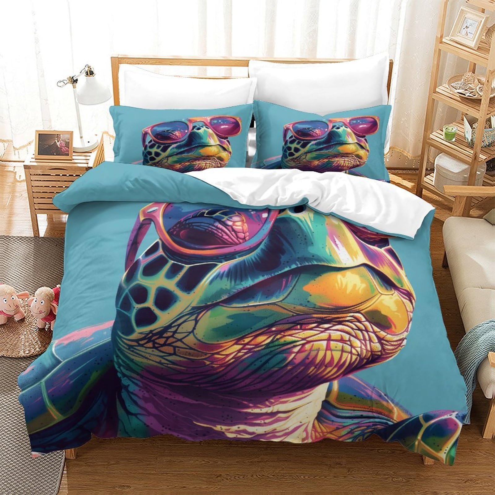 P1S9U7W5Y Colorful Artistic 3D Printed Turtle Duvet Cover Set 3pcs Microfiber Creative Turtle Bedding Set King（220x240cm）
