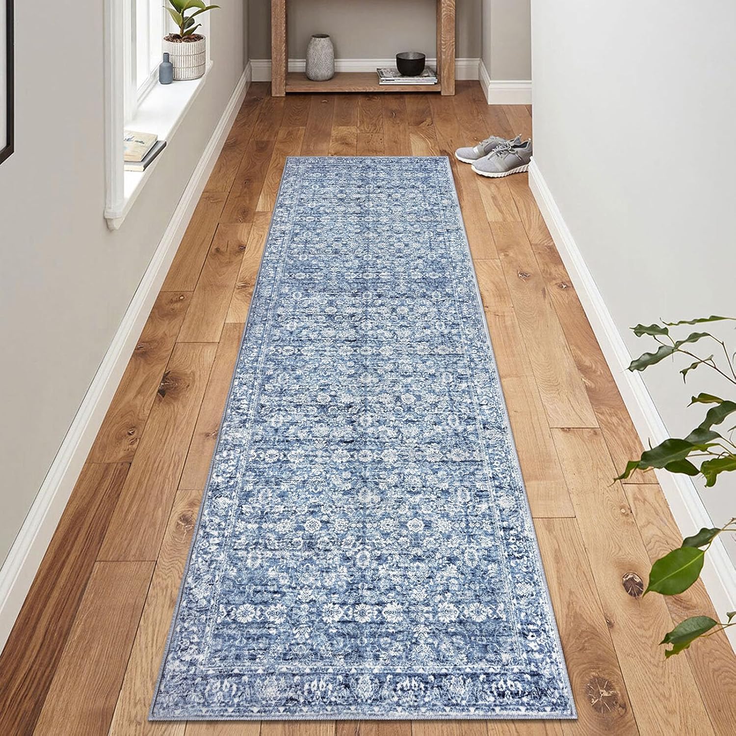 2x6 Blue Washable Runner Rug for Kitchen, Soft Classic Runner with Non-Slip, Non-Shedding Distressed Floral Rug for Hallways Entryway Bedroom Bathroom Laundry 2' x 6' | 24" x 72" Blue