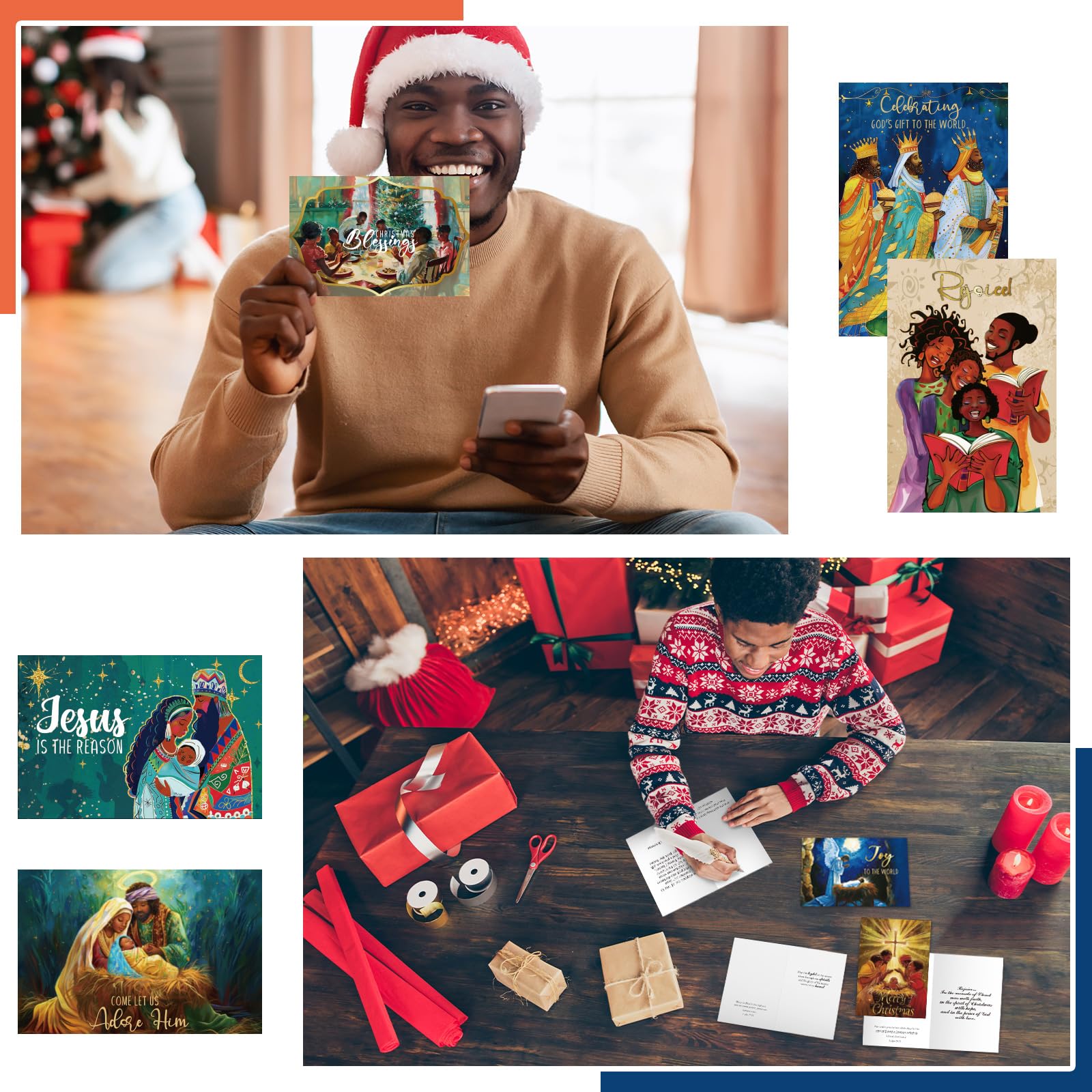 Motiskyy 50 tarjetas de Navidad religiosas afroamericanas surtidas a granel con escrituras cálidas bendiciones en el interior, ángeles de Papá Noel negro, 10 estilos, tarjetas de felicitación